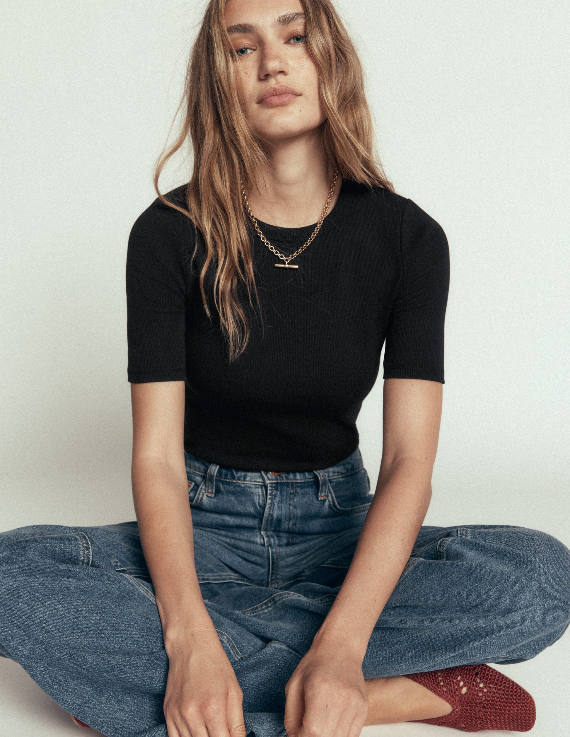Ribbed Cotton T-Shirt-Black-1