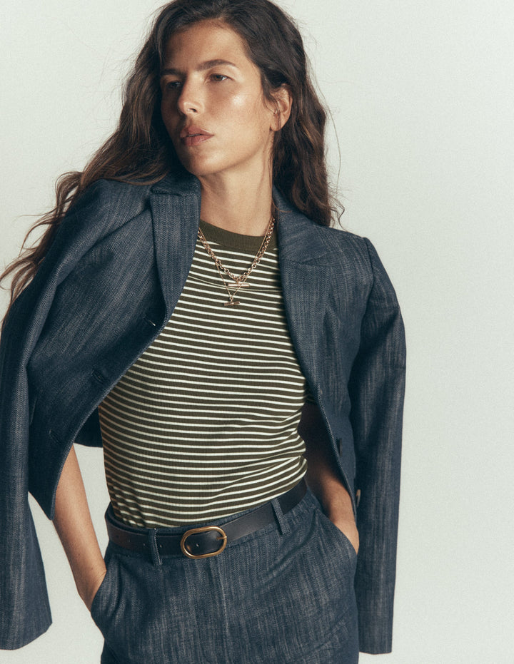 Ribbed Cotton T-Shirt-Olive Night and Ivory Stripe