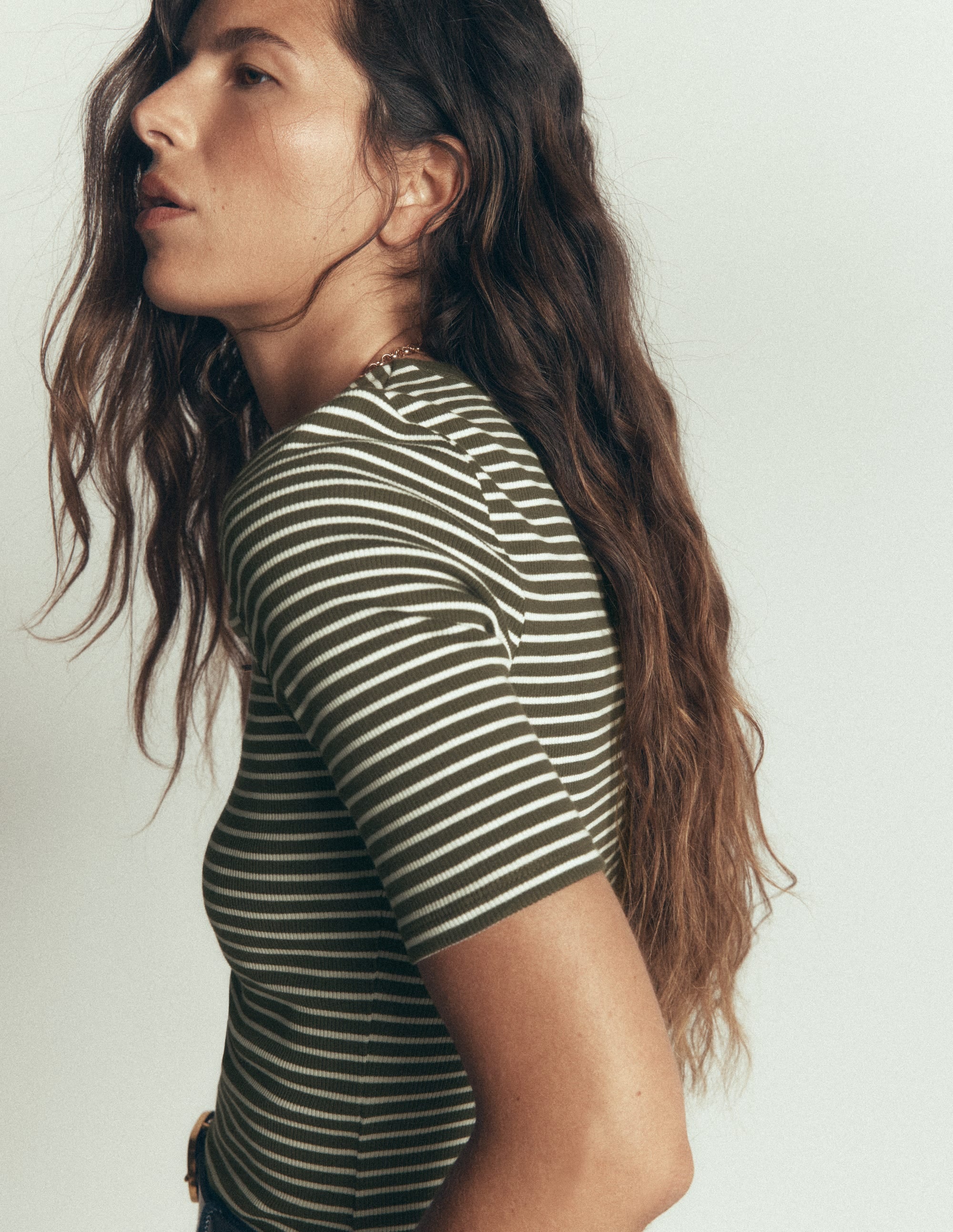 Ribbed Cotton T-Shirt-Falcon Green and Ivory Stripe - Image 2