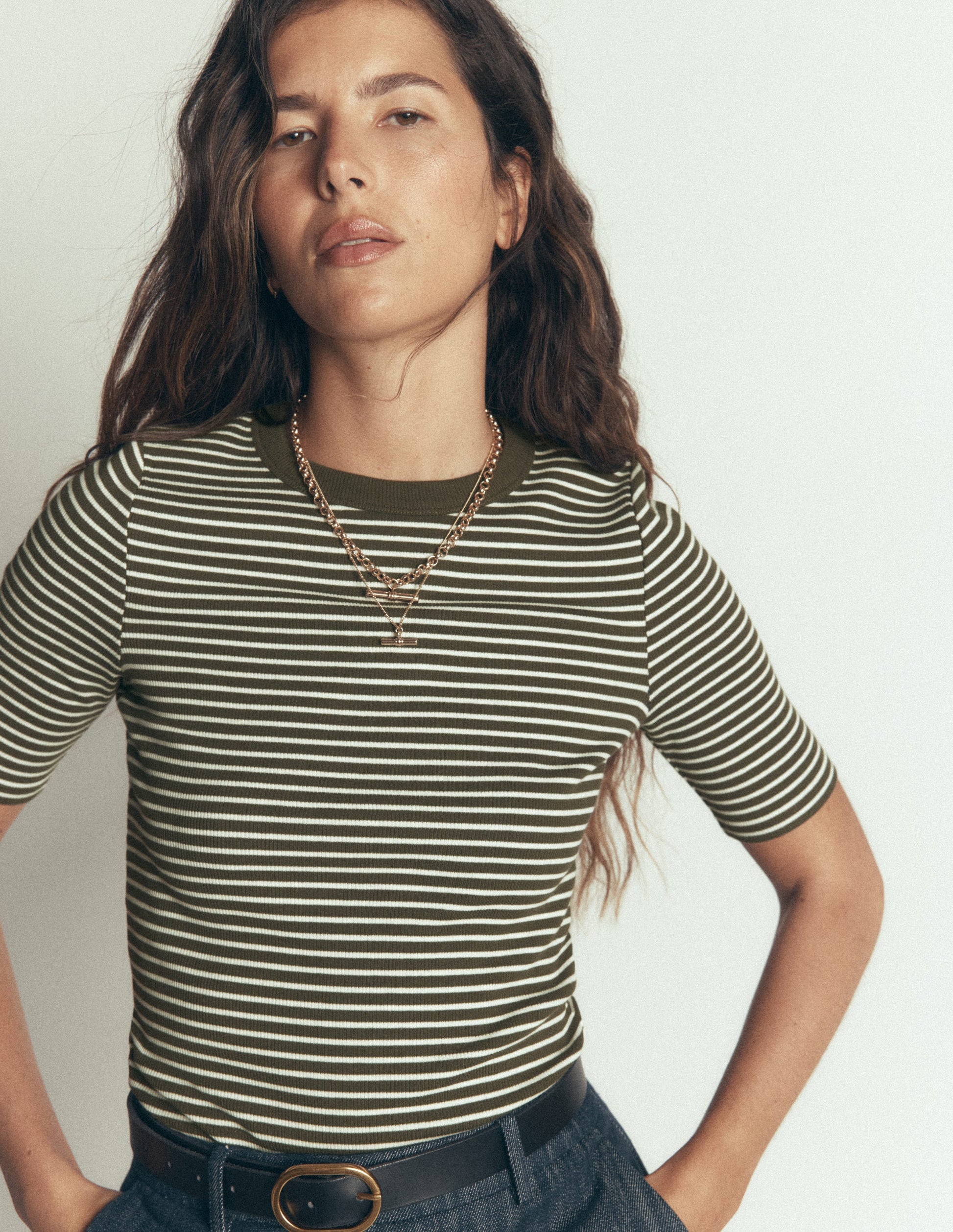 Ribbed Cotton T-Shirt-Falcon Green and Ivory Stripe-5