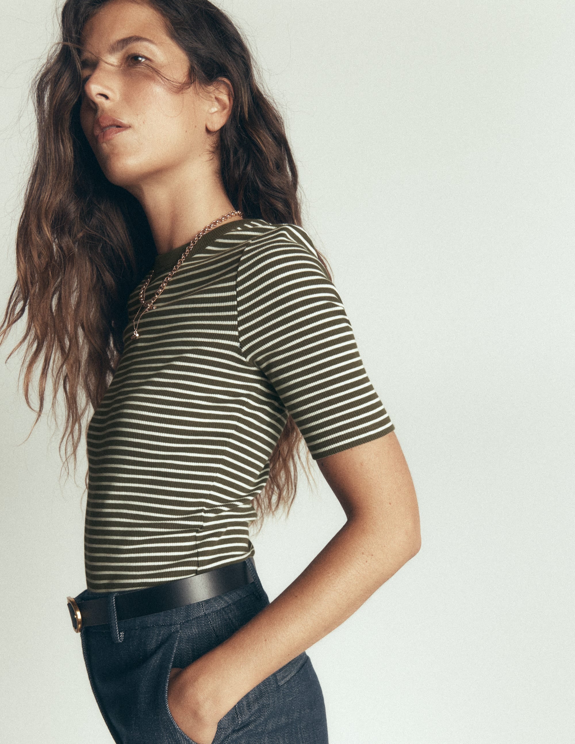 Ribbed Cotton T-Shirt-Falcon Green and Ivory Stripe - Image 6