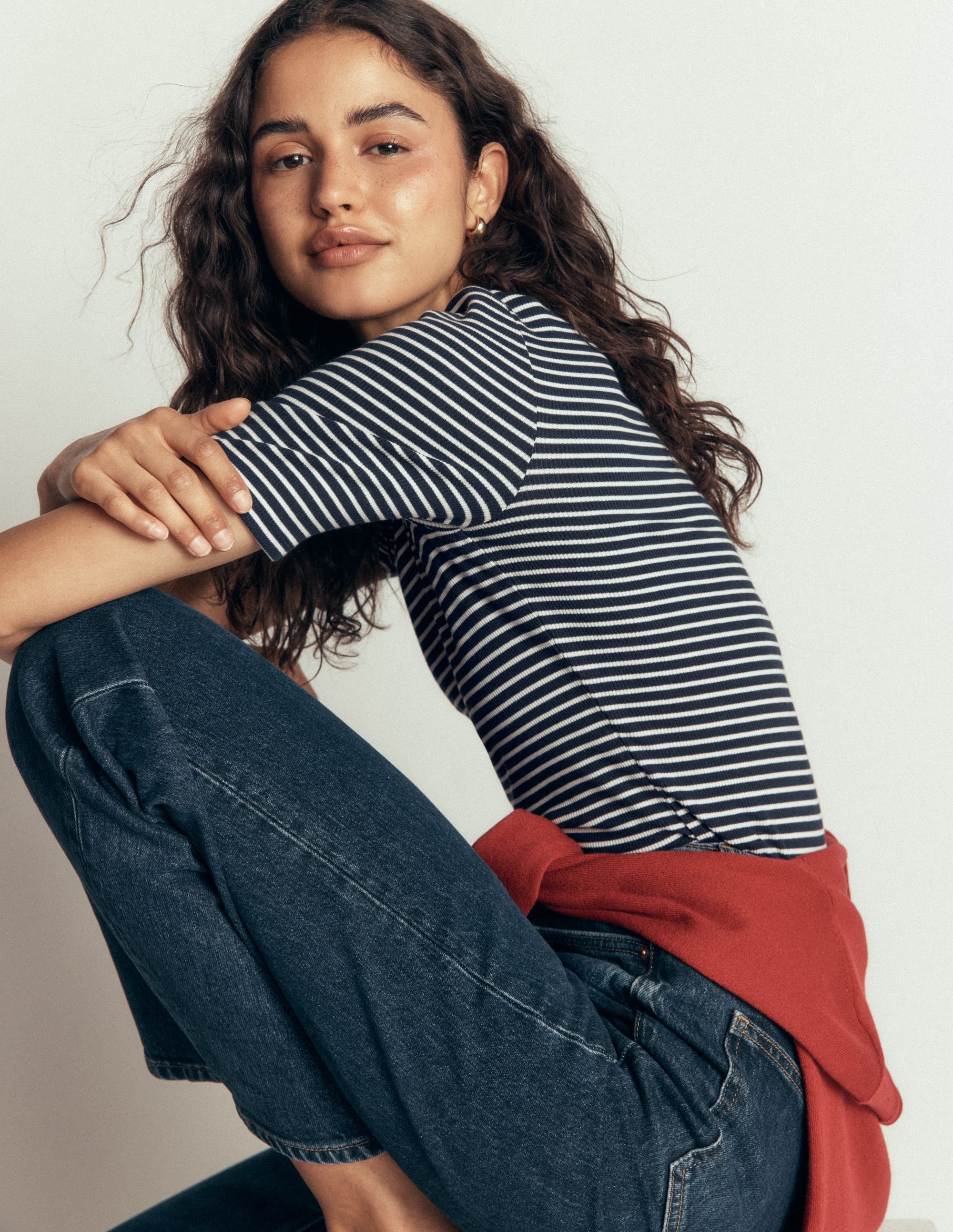 Ribbed Cotton T-Shirt-Navy & Ivory Stripe - Image 1