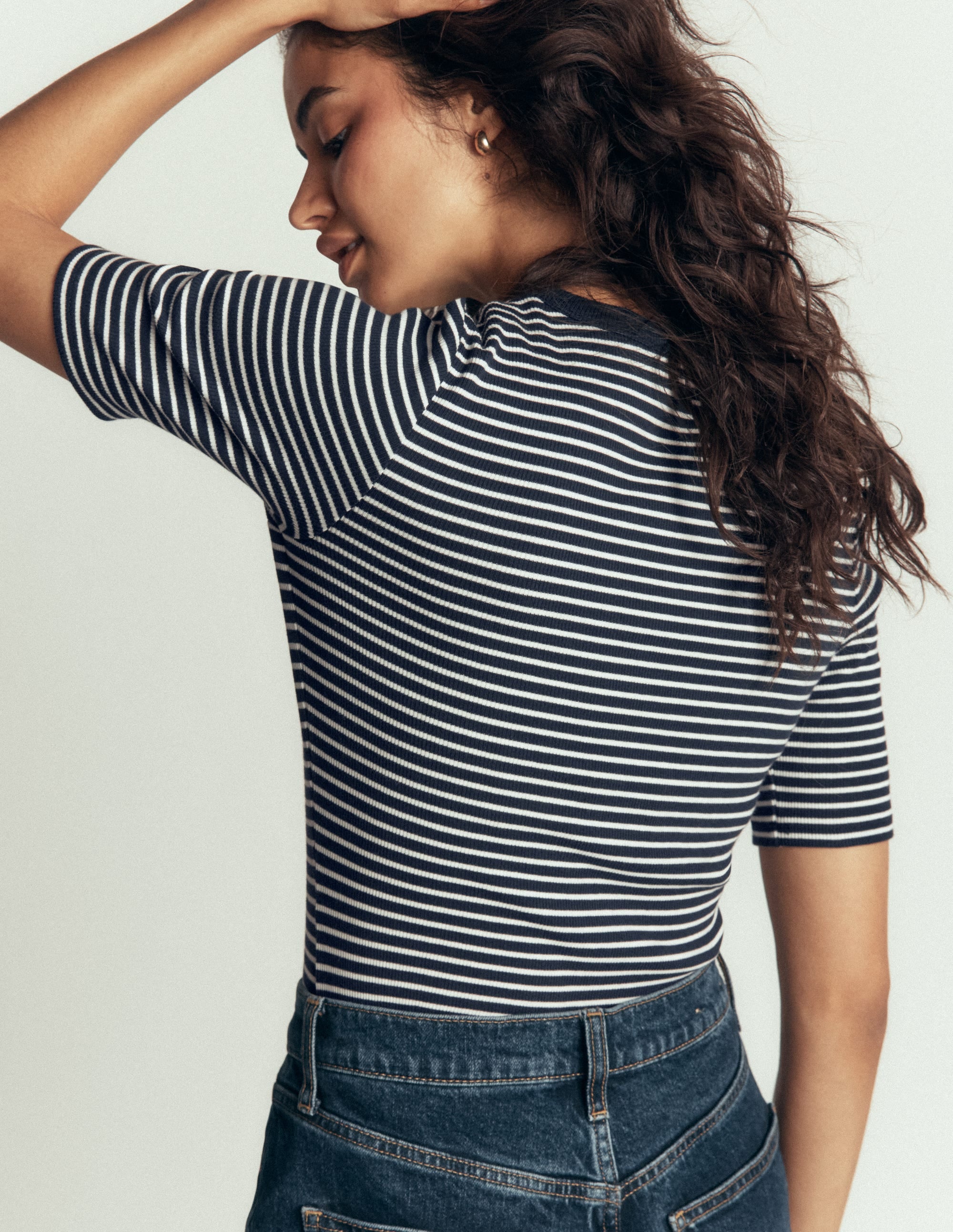 Ribbed Cotton T-Shirt-Navy & Ivory Stripe - Image 3
