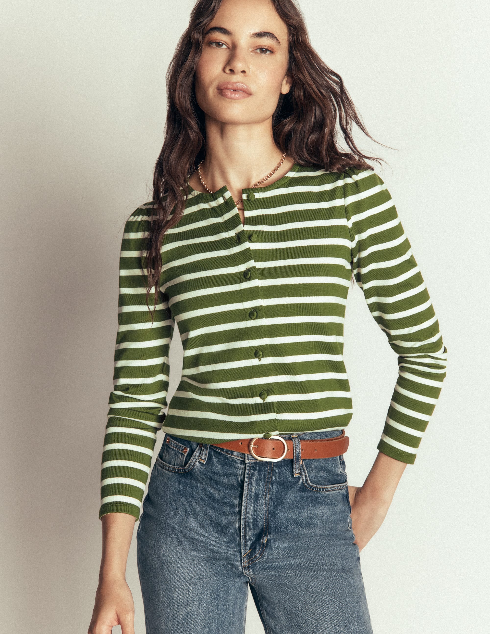 Iris Puff Sleeve Mariner - Chive and Ivory Stripe | Boden Global