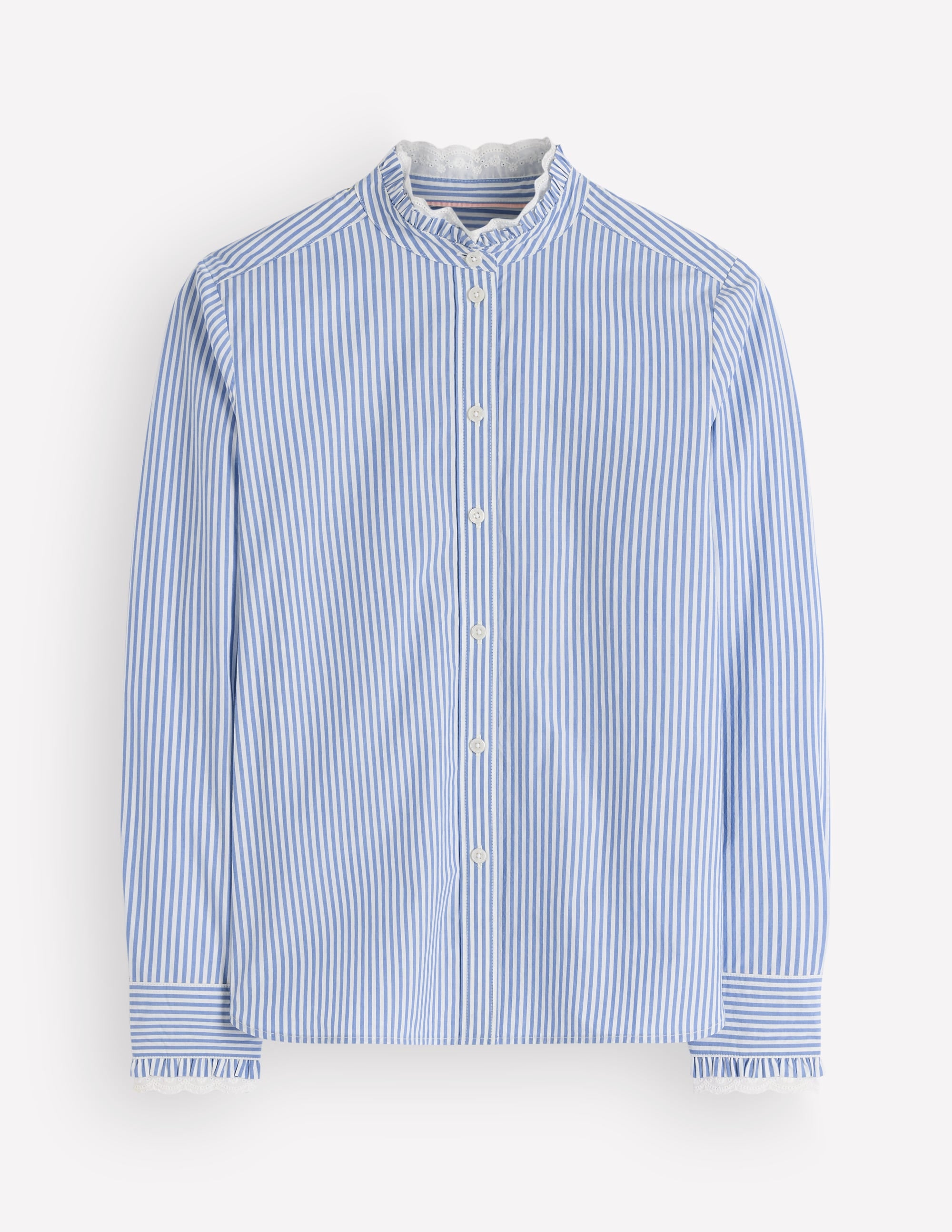 Sienna Frill Cotton Shirt-Forget Me Not, Ivory Stripe - Image 5