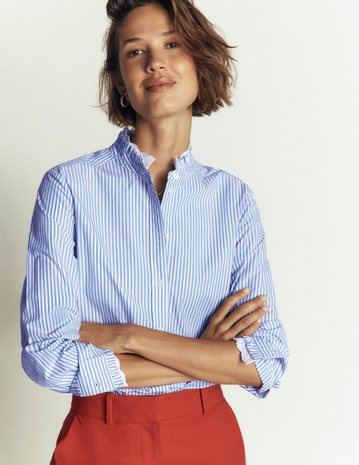 Sienna Frill Cotton Shirt-Forget Me Not, Ivory Stripe