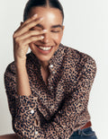 Sienna Frill Cotton Shirt-Demerara, Brushed Animal