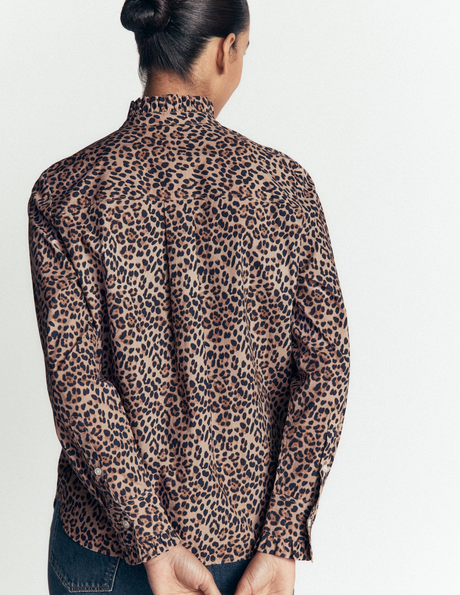 Sienna Frill Cotton Shirt-Demerara, Brushed Animal-5