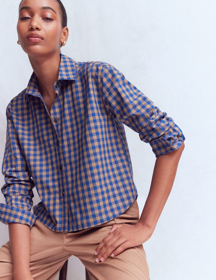 Sienna Cropped Cotton Shirt-Camel, Blue Gingham