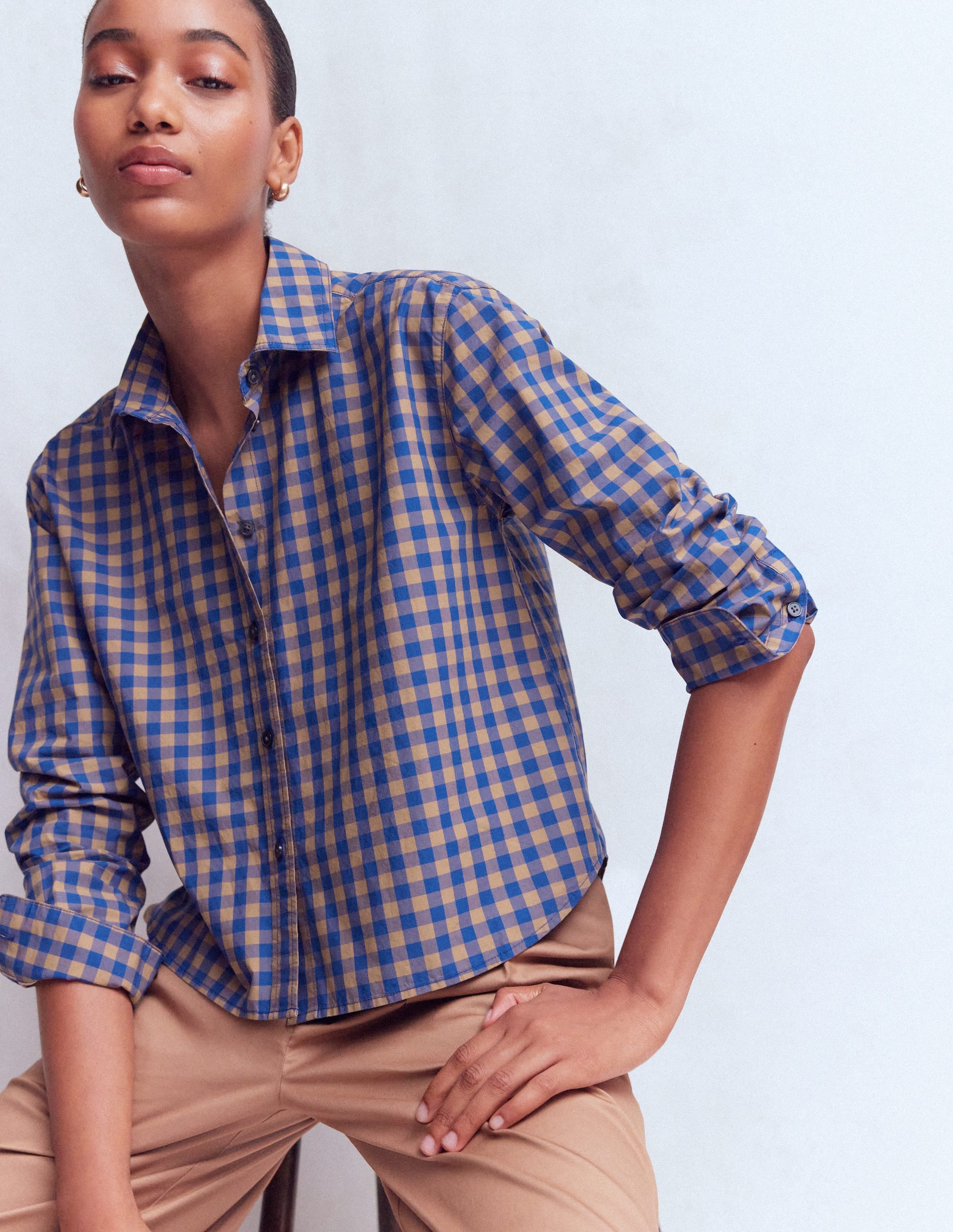 Sienna Cropped Cotton Shirt-Camel, Blue Gingham - Image 1