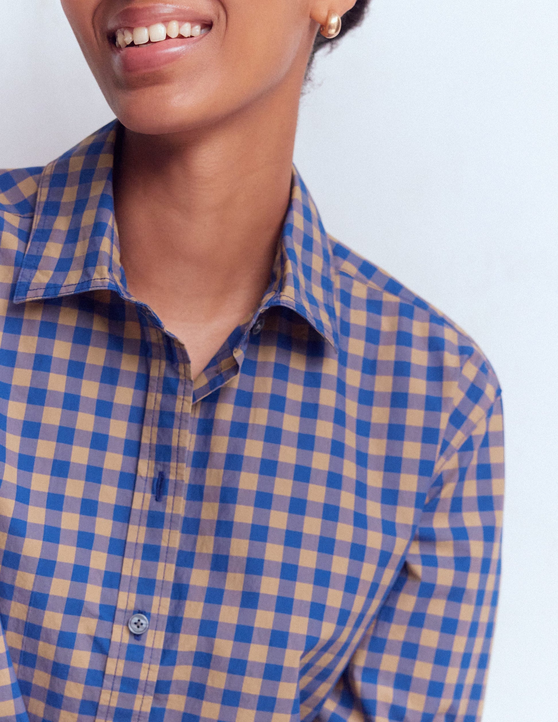 Sienna Cropped Cotton Shirt-Camel, Blue Gingham-2