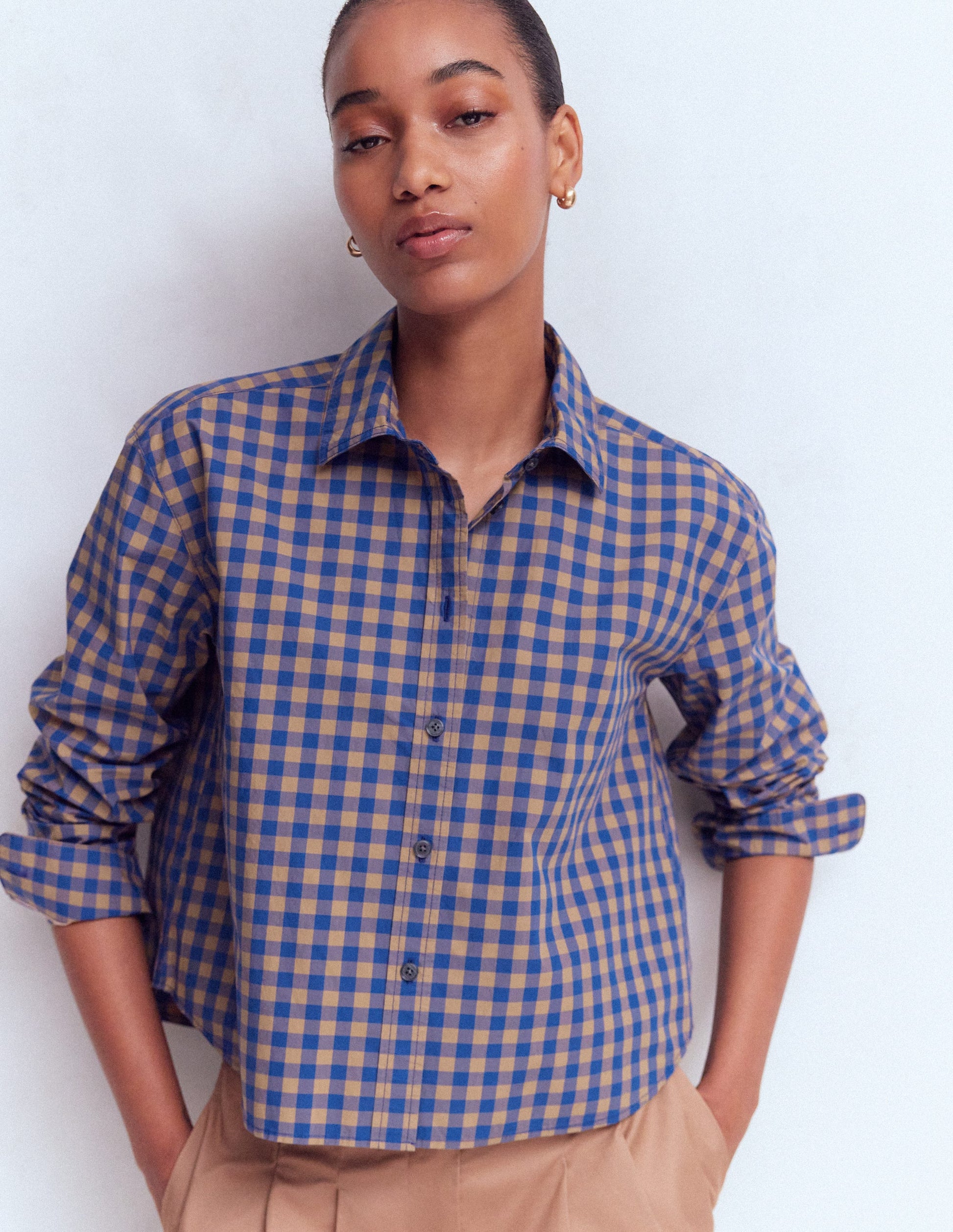 Sienna Cropped Cotton Shirt-Camel, Blue Gingham-4