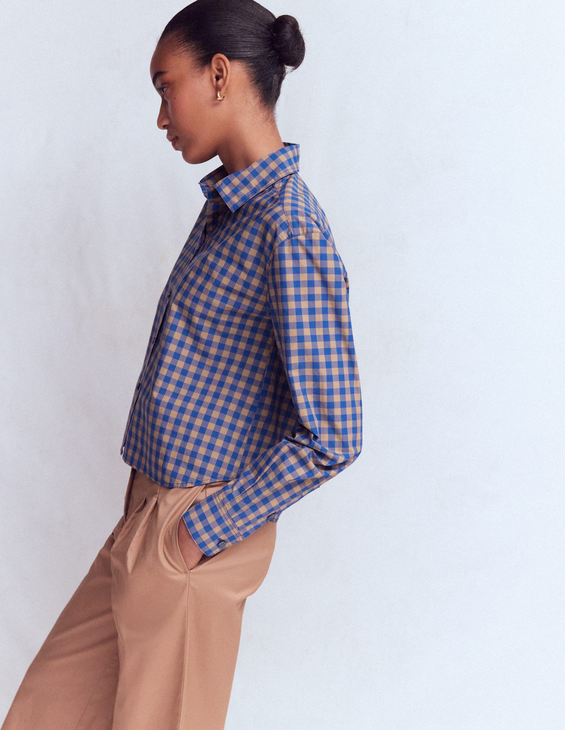 Sienna Cropped Cotton Shirt-Camel, Blue Gingham-5