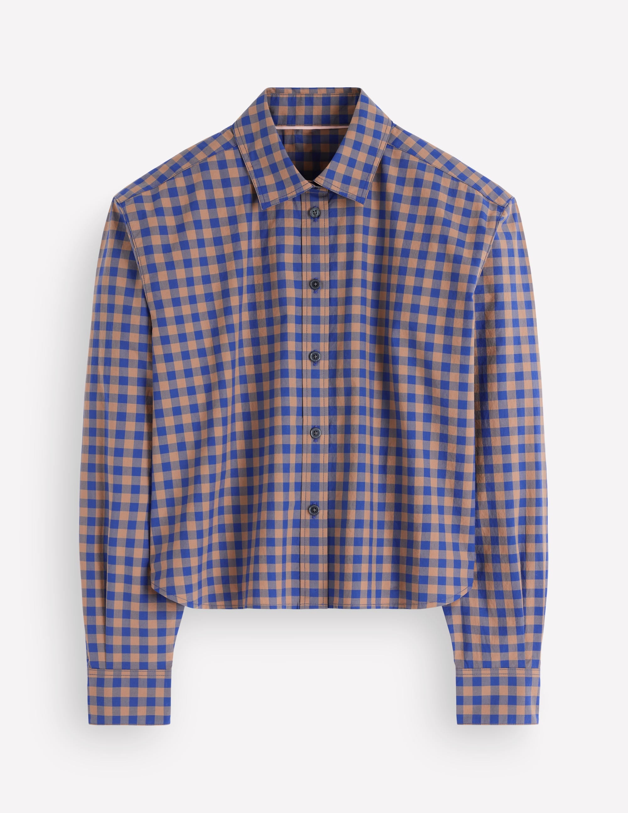 Sienna Cropped Cotton Shirt-Camel, Blue Gingham - Image 6