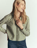 Sienna Cropped Cotton Shirt-Olive, Navy Tram Stripe