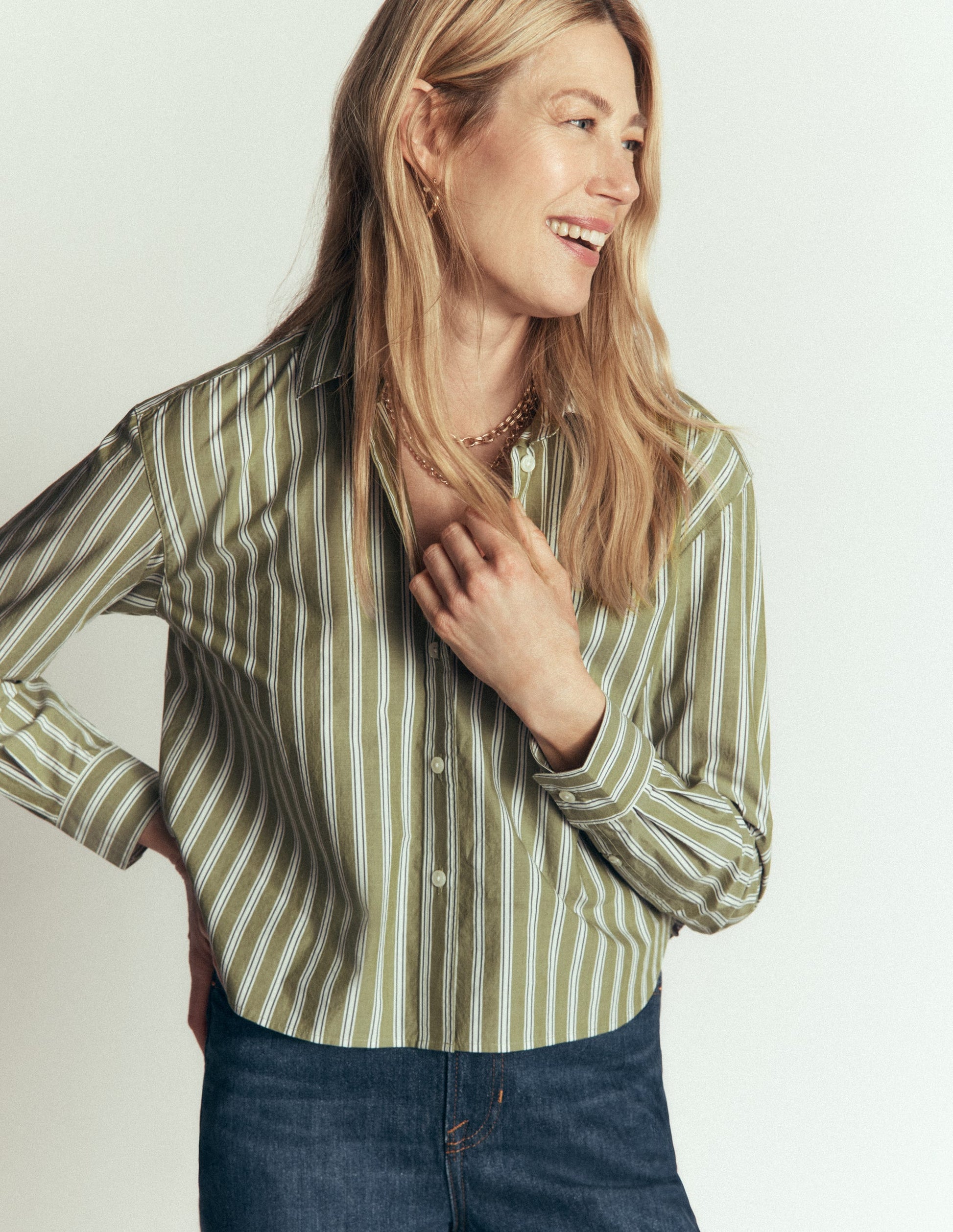 Sienna Cropped Cotton Shirt-Olive, Navy Tram Stripe-1