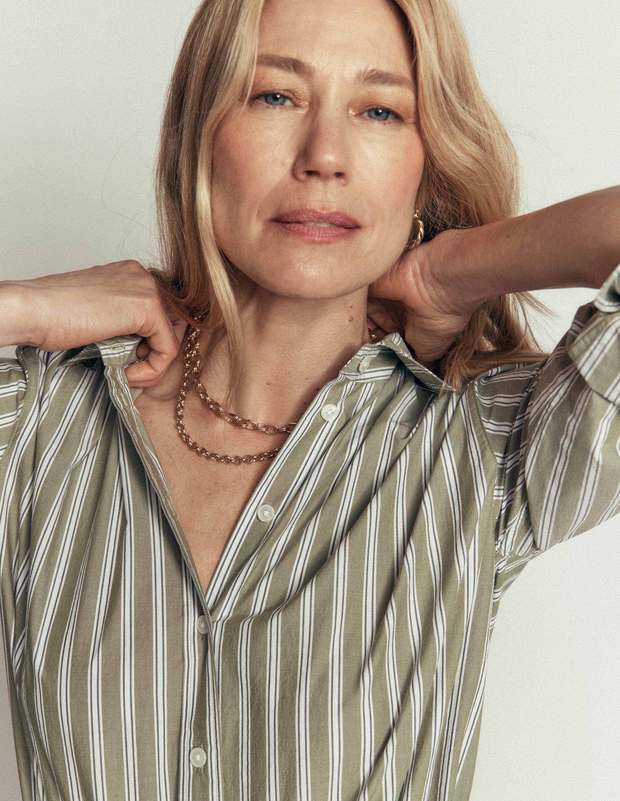 Sienna Cropped Cotton Shirt-Olive, Navy Tram Stripe - Image 5