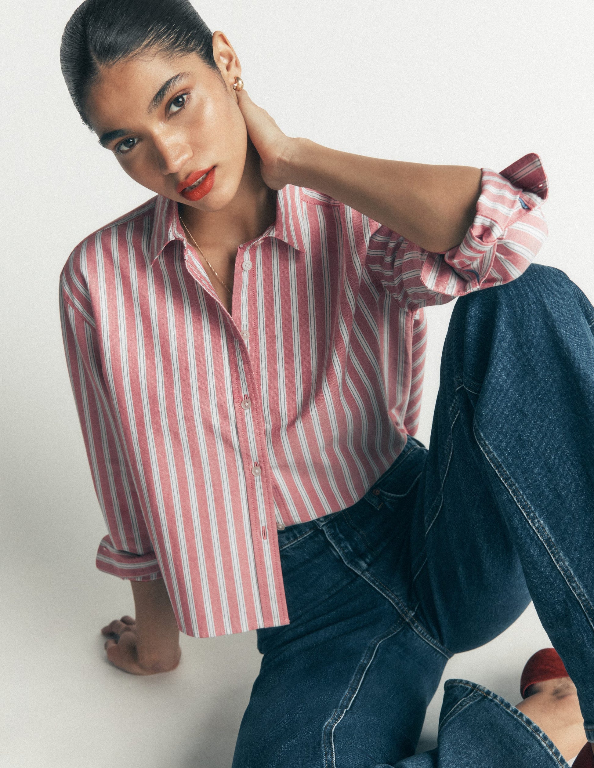 Sienna Cropped Cotton Shirt-Red, Navy Tram Stripe-2