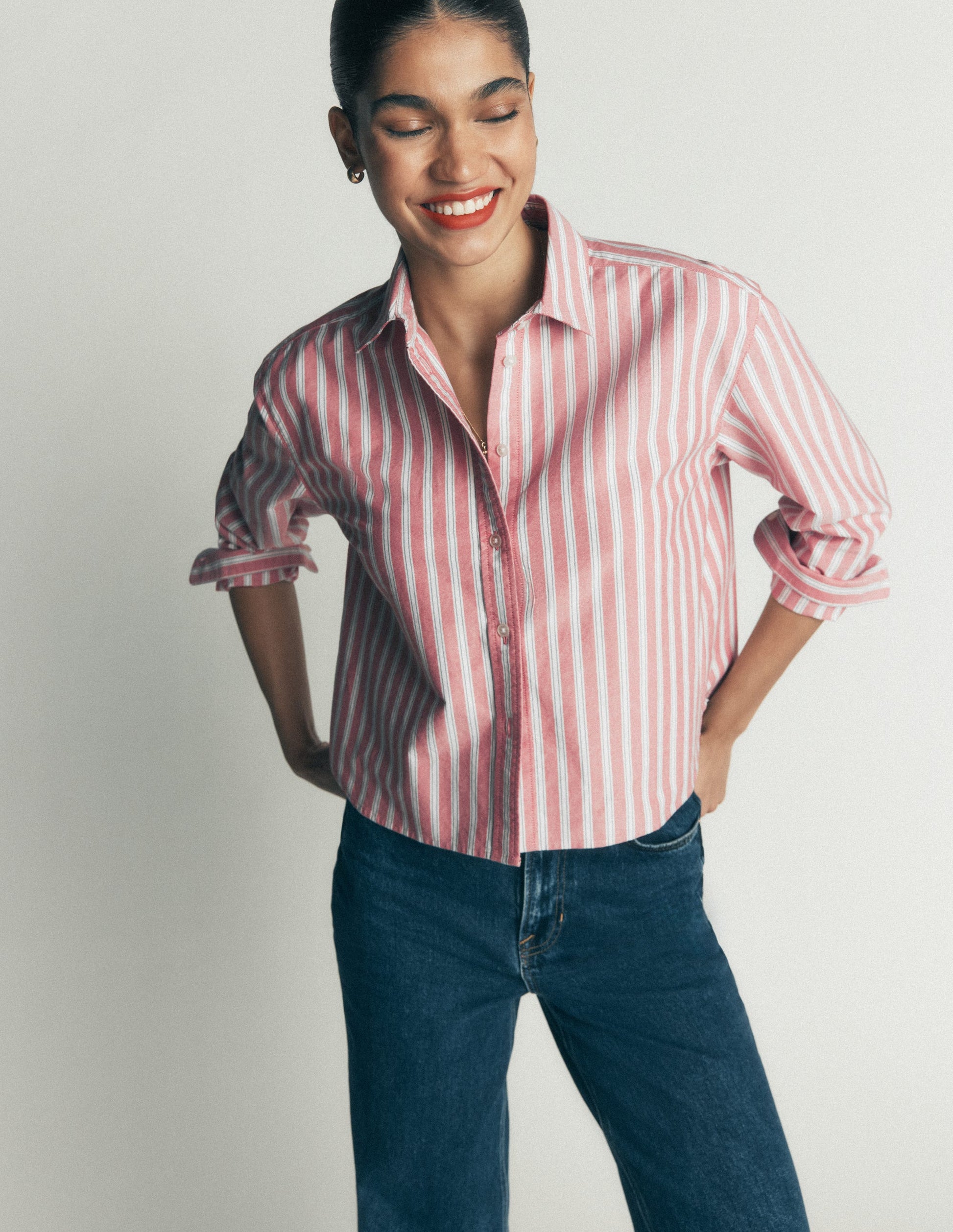 Sienna Cropped Cotton Shirt-Red, Navy Tram Stripe-5