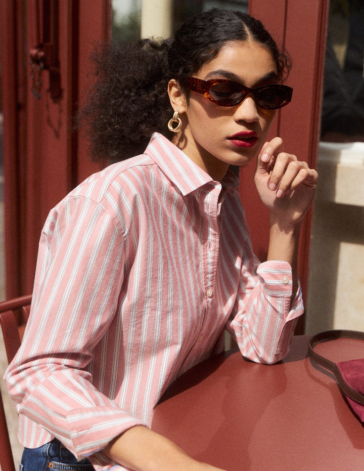 Sienna Cropped Cotton Shirt-Red, Navy Tram Stripe