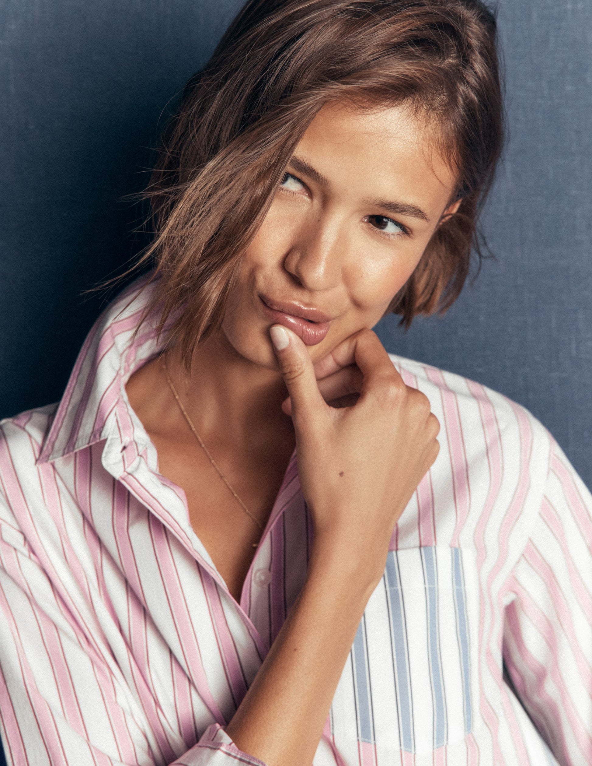 Sienna Relaxed Cotton Shirt-Pink and Blue, Hotched Stripe-5