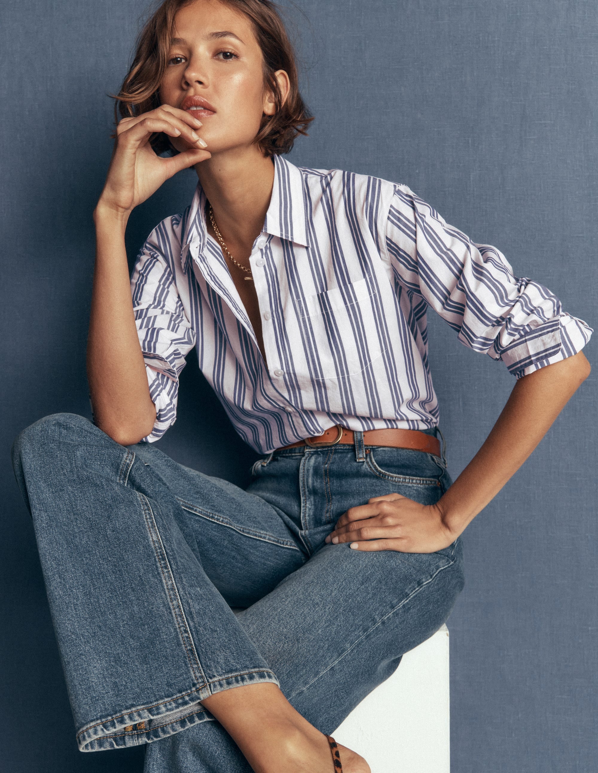 Sienna Relaxed Cotton Shirt-Navy Wide Stripe - Image 1