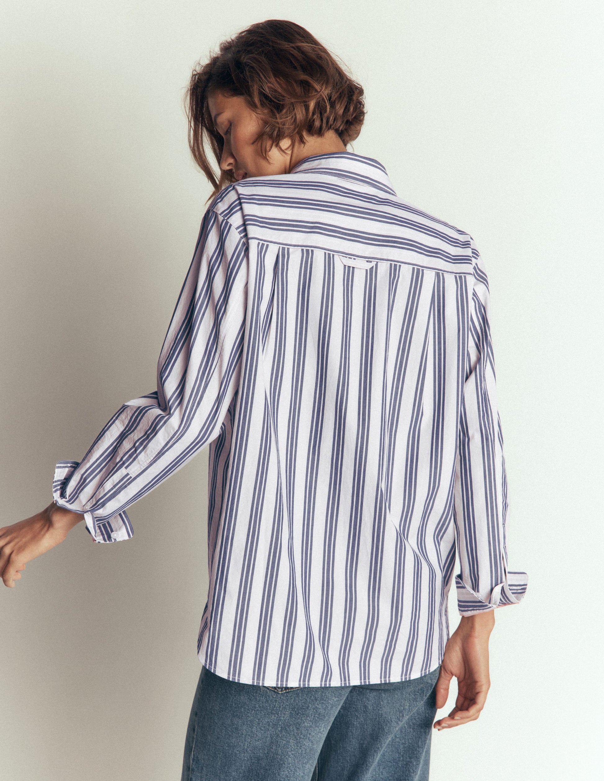 Sienna Relaxed Cotton Shirt-Navy Wide Stripe-3