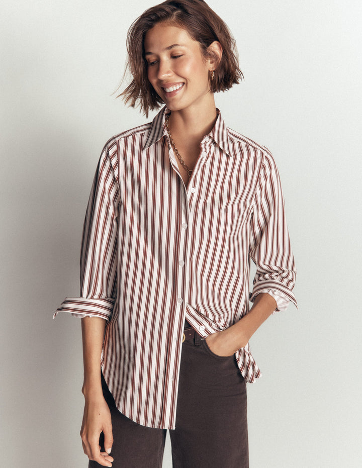 Anna Longline Cotton Shirt-Ivory, Brown Tram Stripe