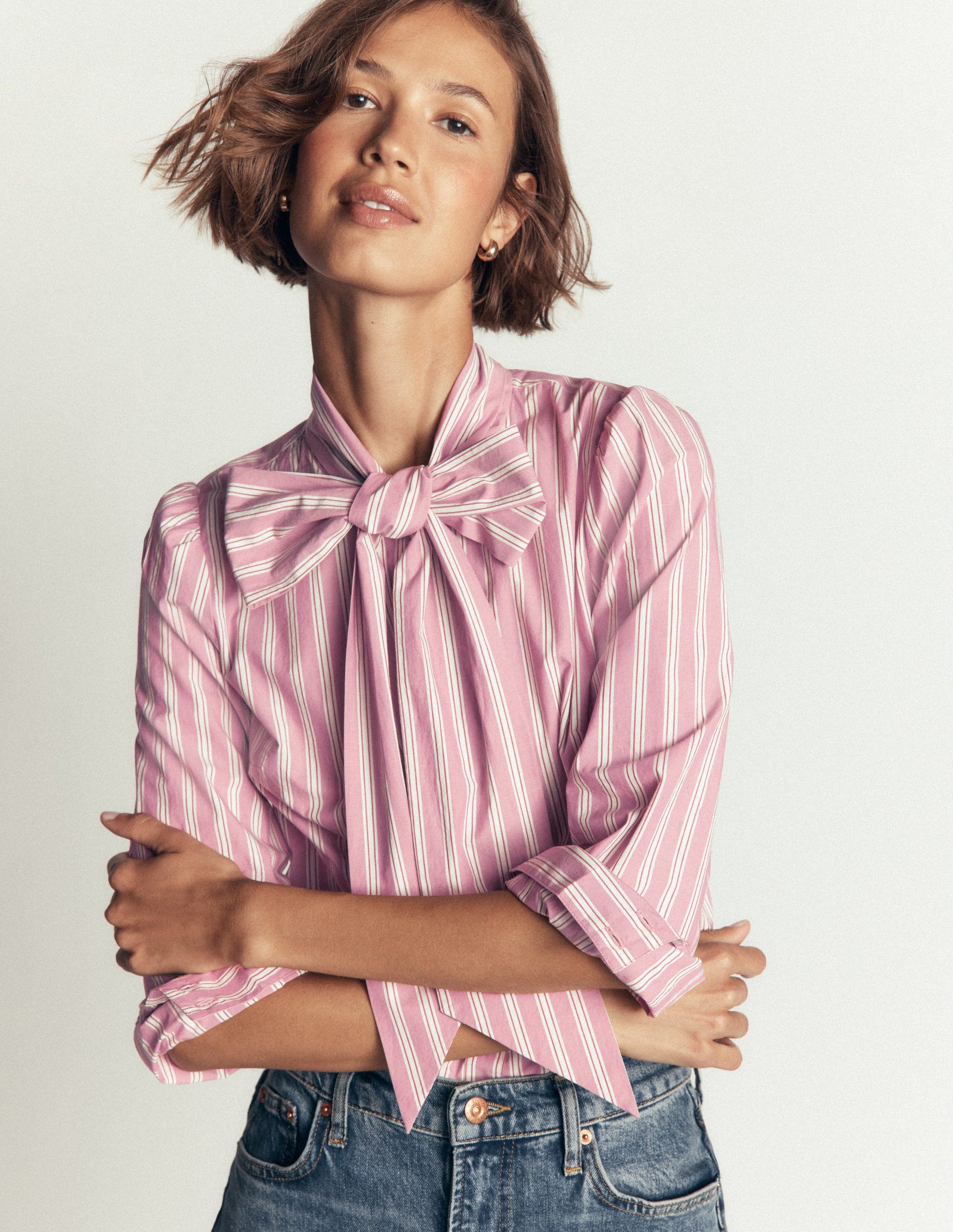 Clara Tie Neck Top-Pink and Brown Stripe-1