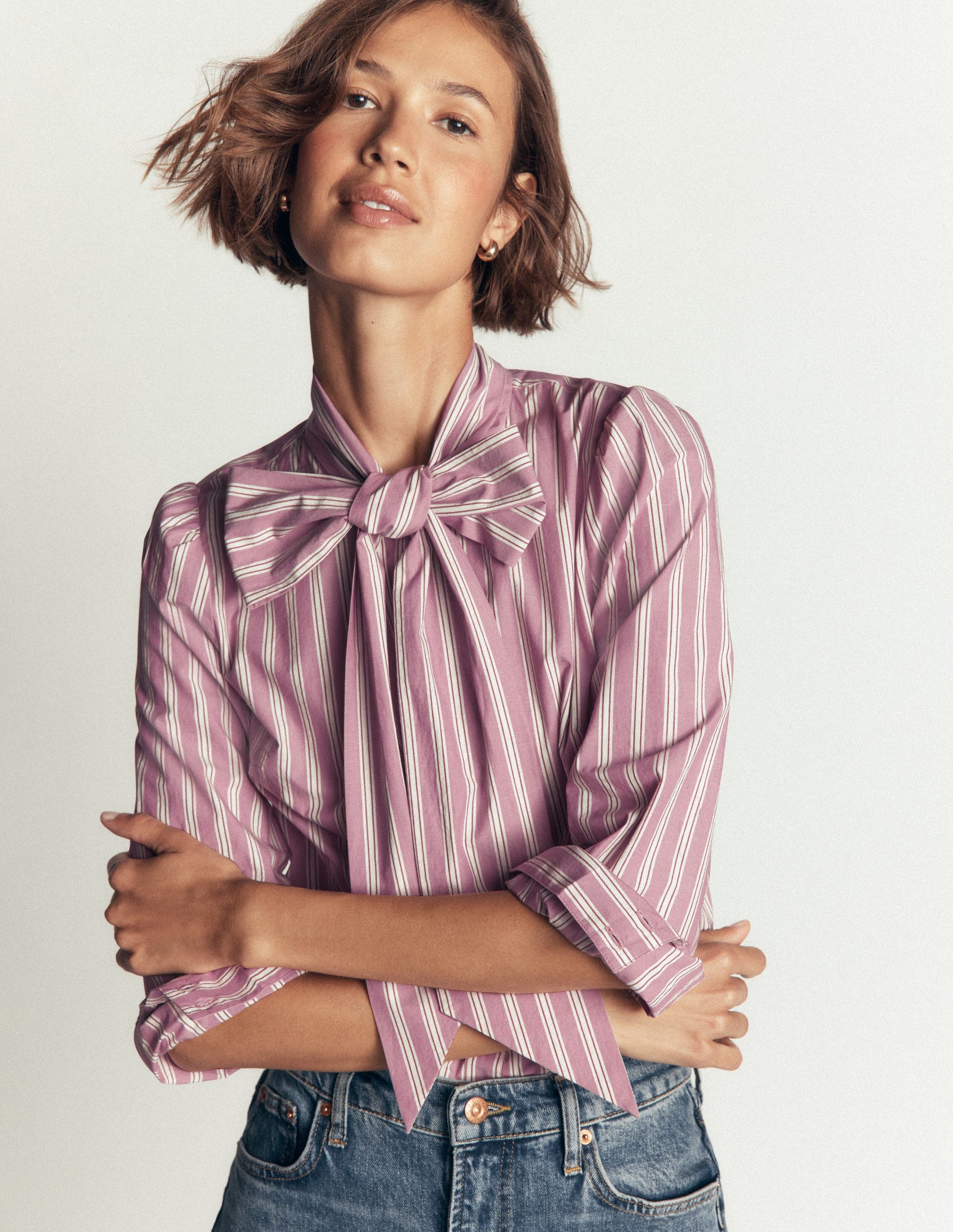 Clara Tie Neck Shirt-Pink and Brown Stripe-2