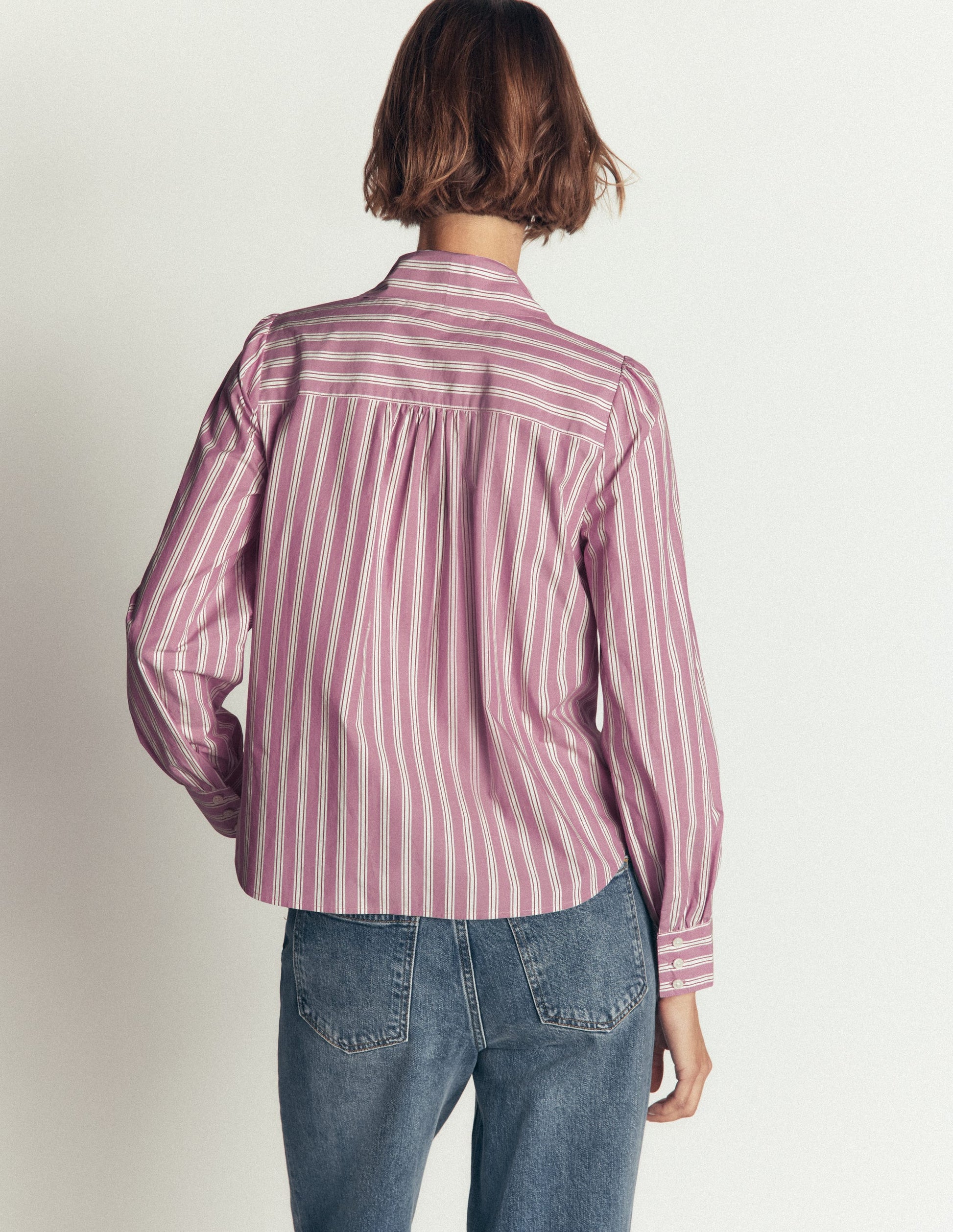 Clara Tie Neck Shirt-Pink and Brown Stripe-4