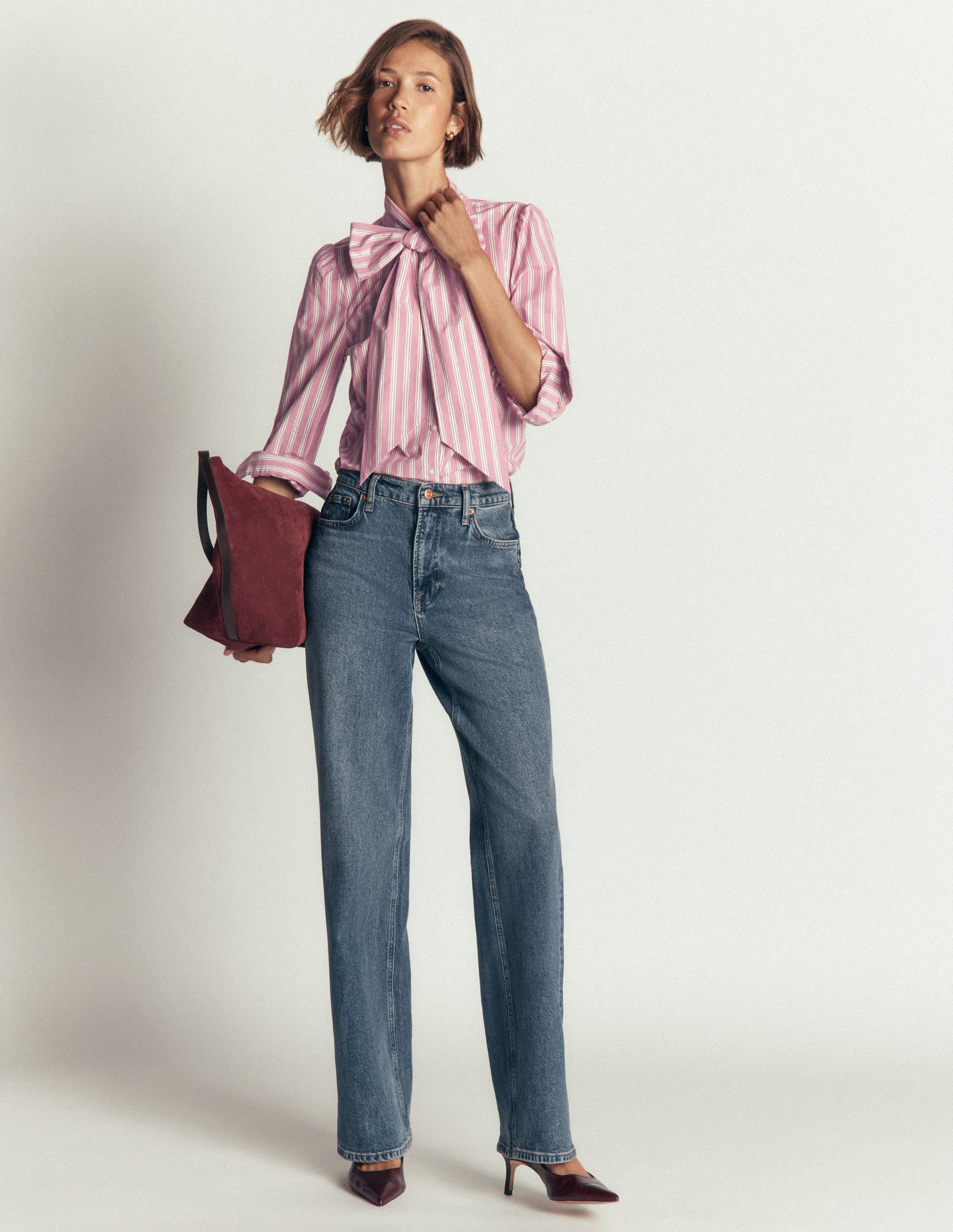 Clara Tie Neck Top-Pink and Brown Stripe - Image 4