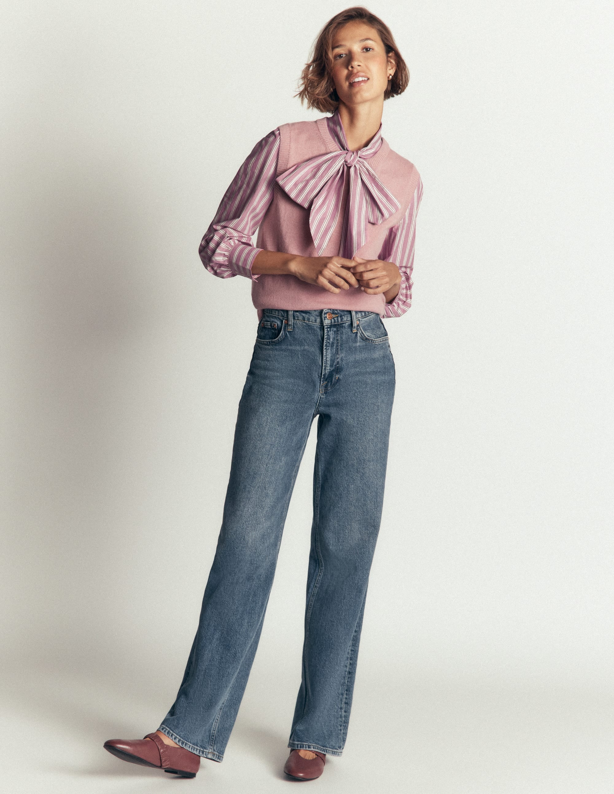 Clara Tie Neck Shirt-Pink and Brown Stripe - Image 6