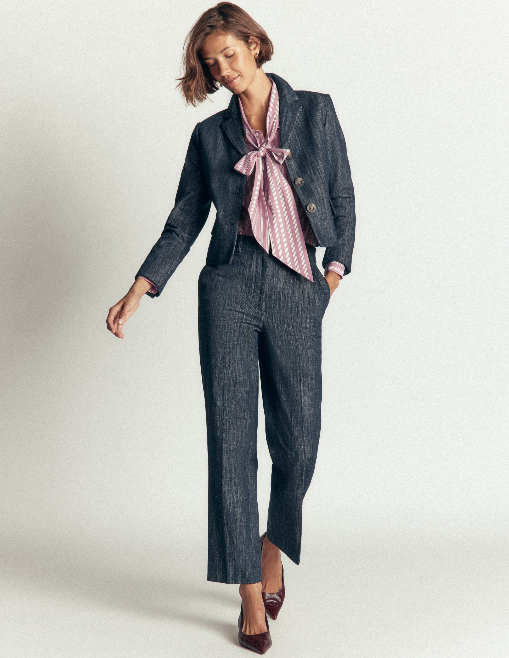 Clara Tie Neck Shirt-Pink and Brown Stripe-7