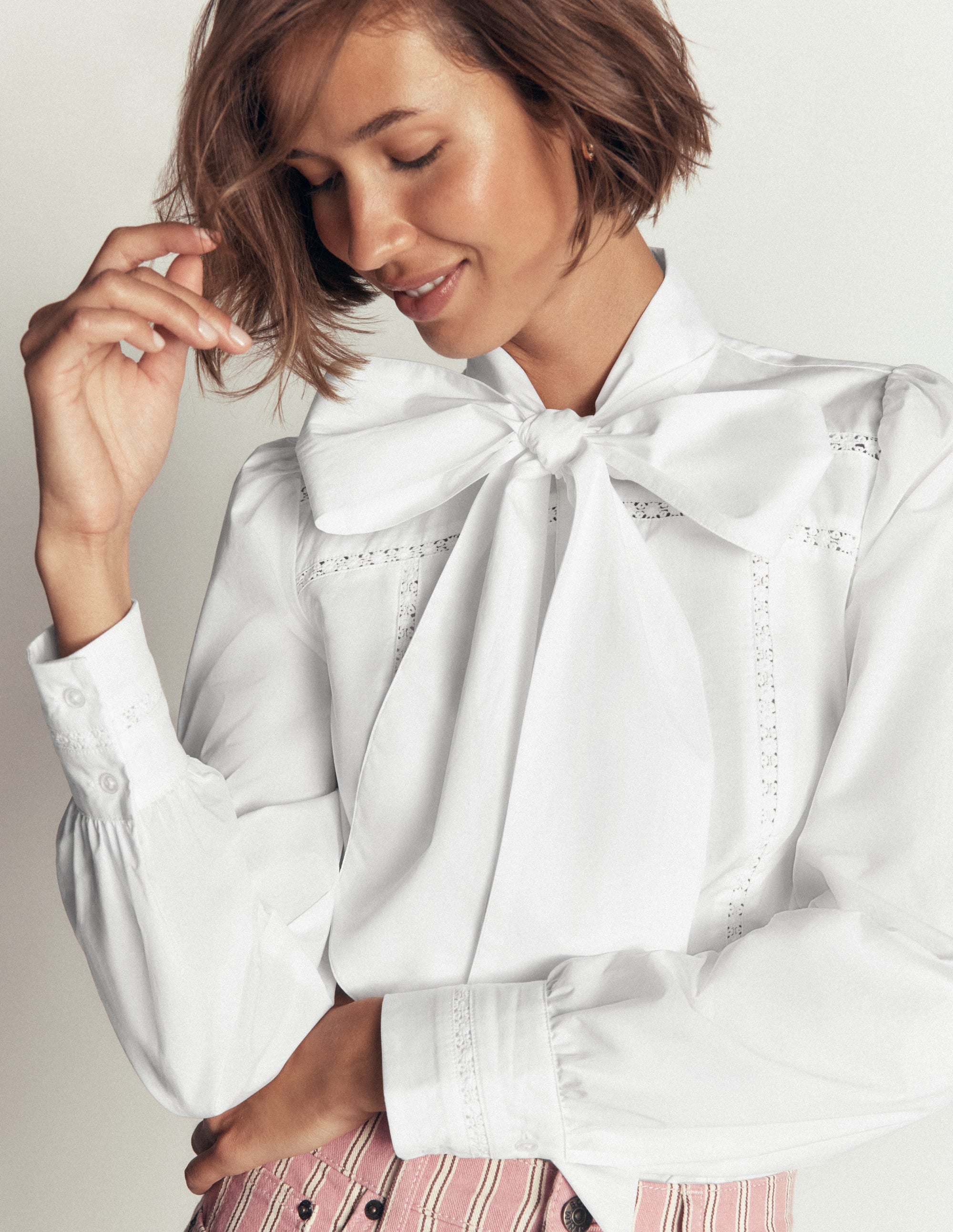 Clara Tie Neck Top-White Trim Detail - Image 1