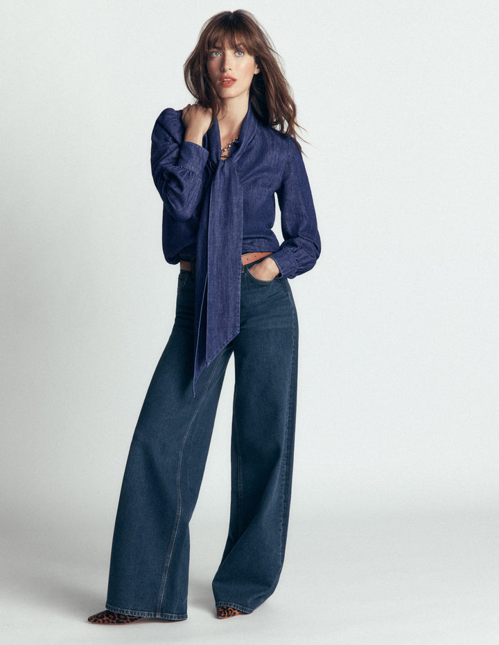 Clara Tie Neck Denim Top-Dark Indigo