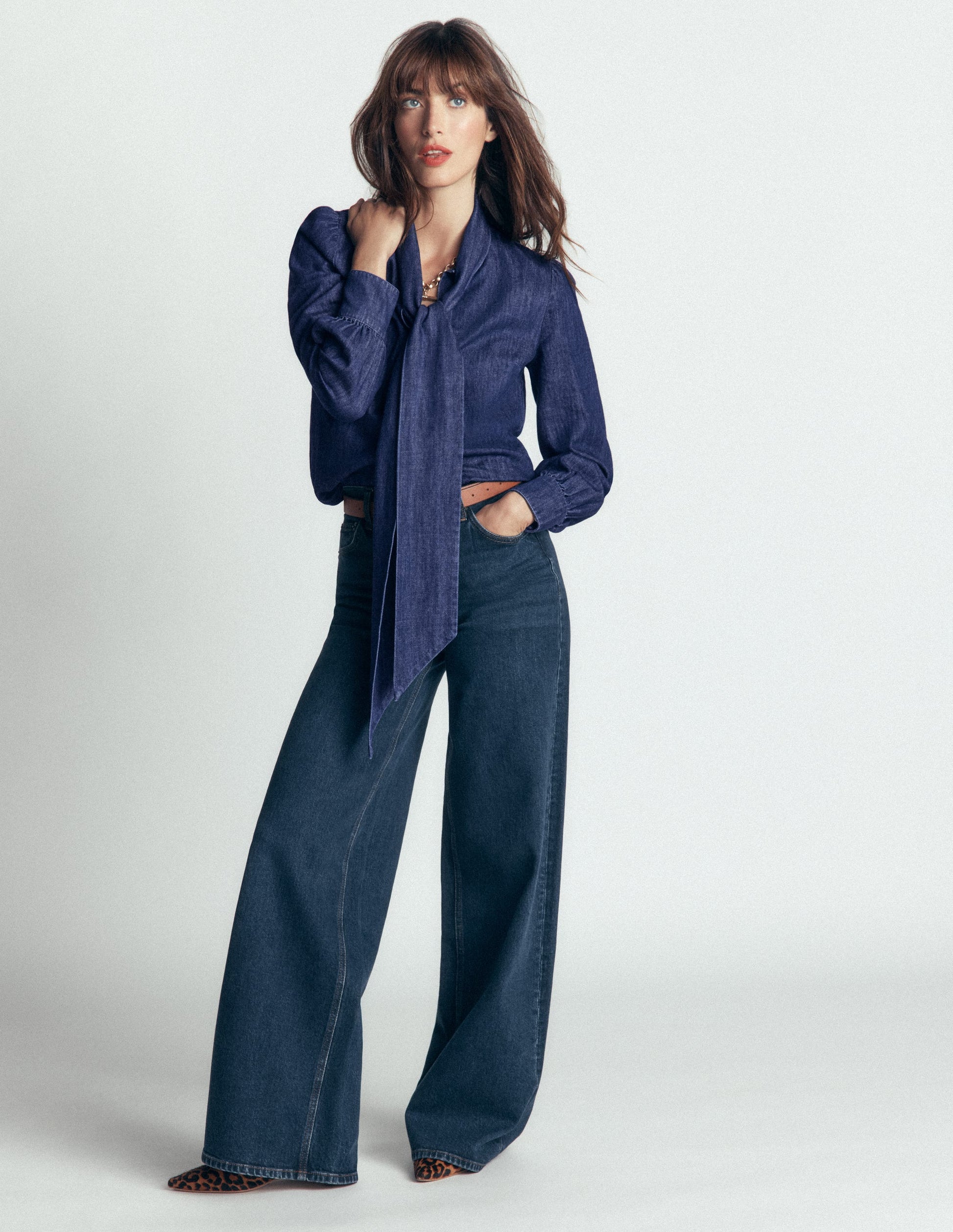Clara Tie Neck Denim Top-Dark Indigo-1