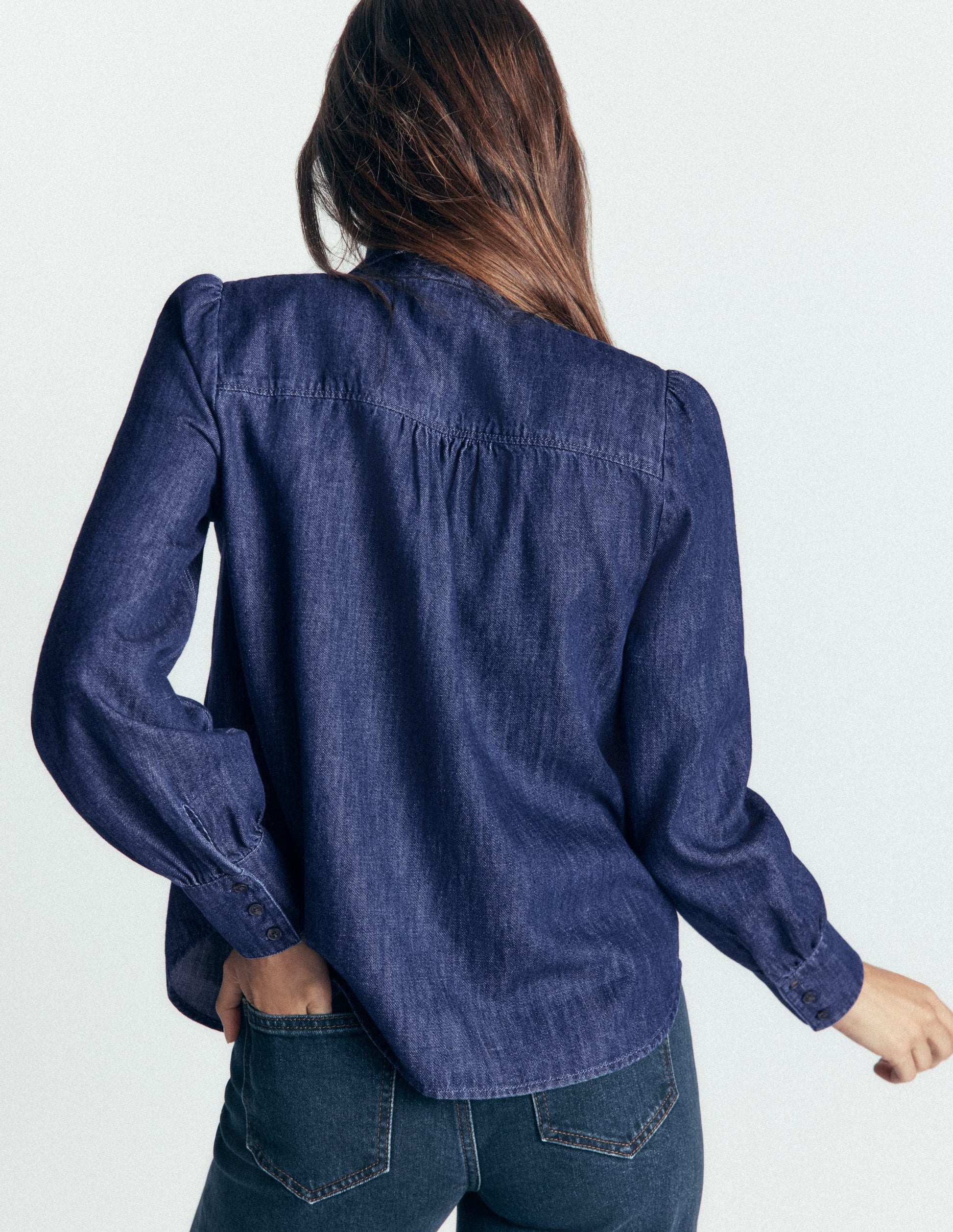 Clara Tie Neck Denim Top-Dark Indigo-3