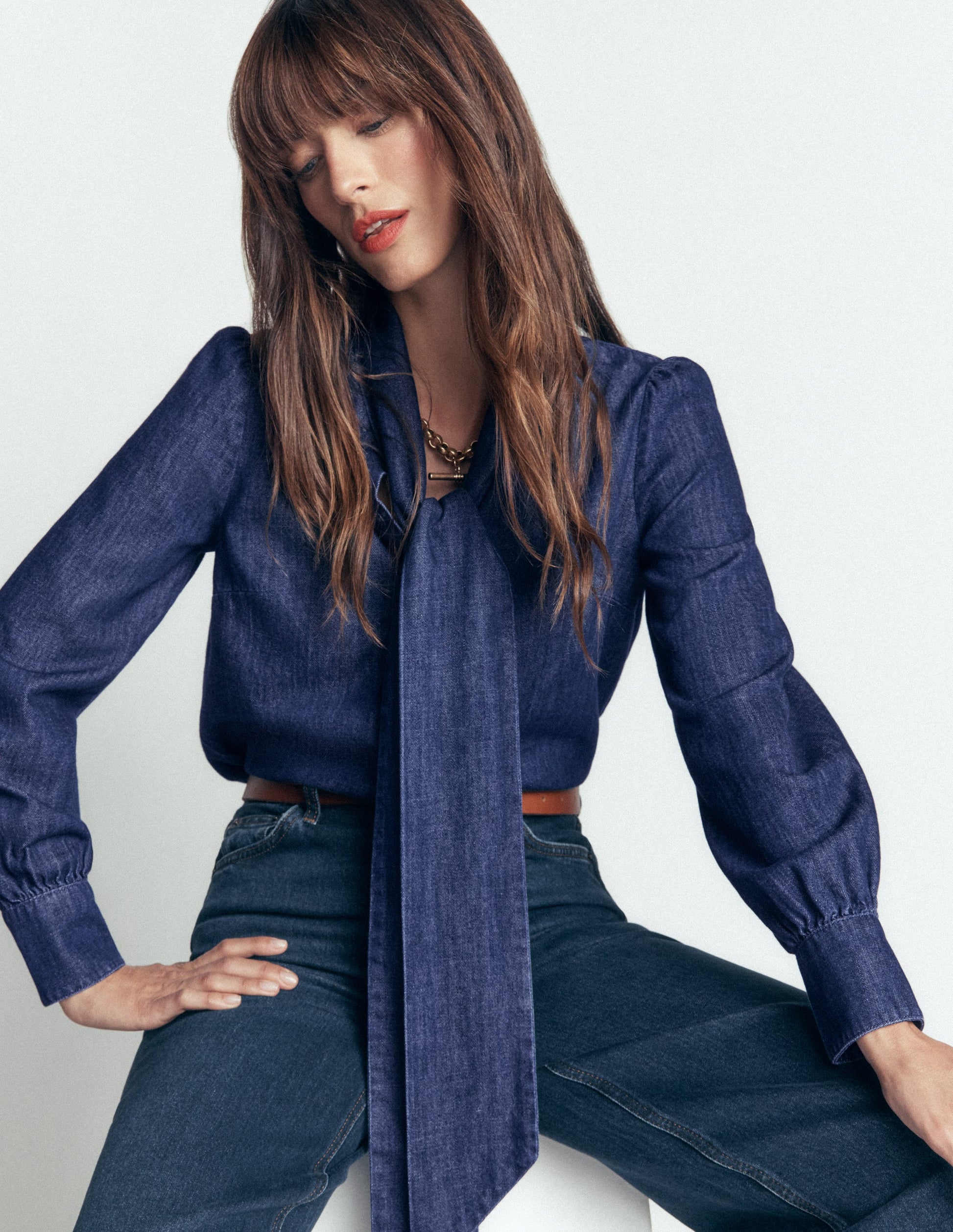 Clara Tie Neck Denim Top-Dark Indigo-4