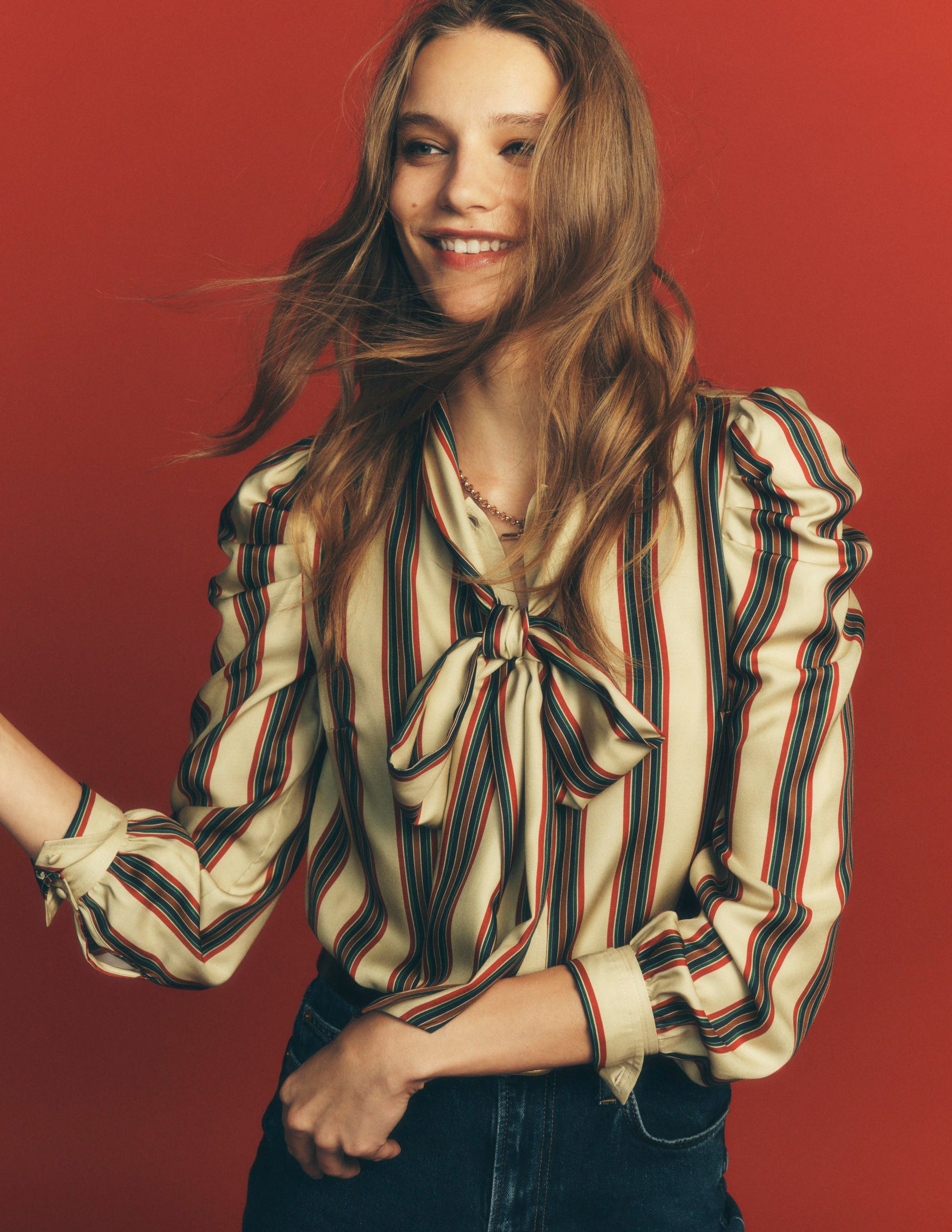 Clara Silk Tie Neck Top-Collegic Stripe-1