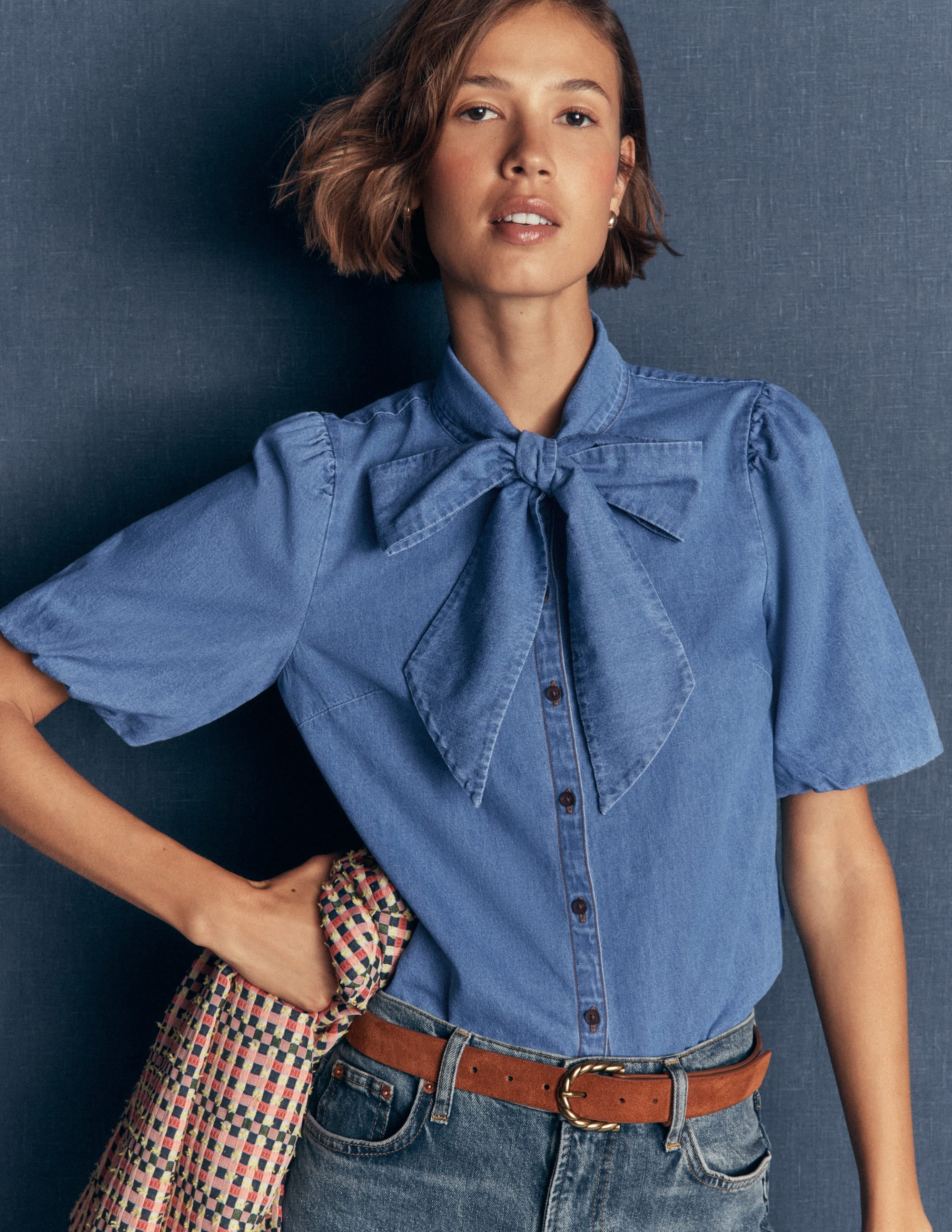 Tie Neck Denim Top-Light Vintage - Image 1