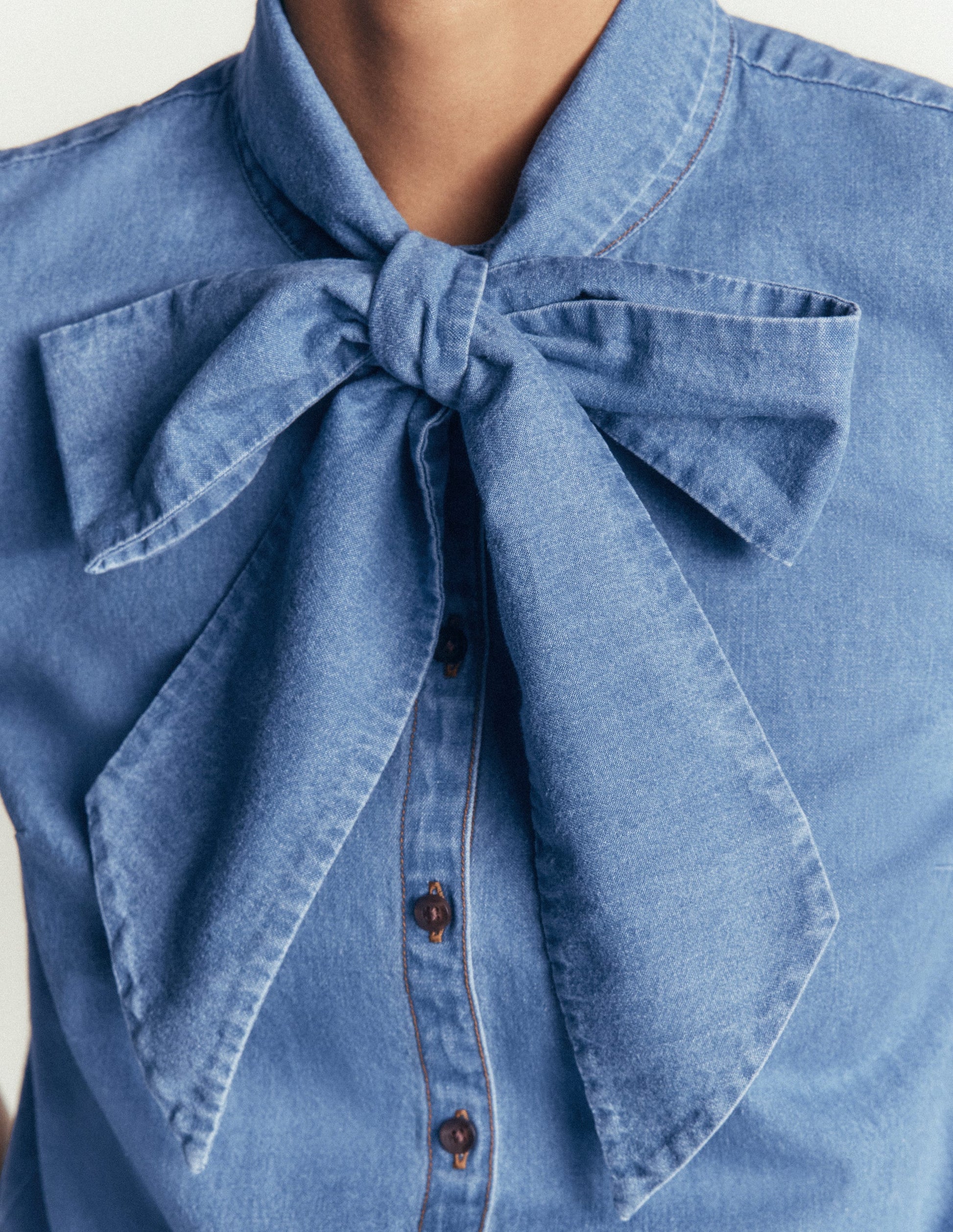 Tie Neck Denim Top-Light Vintage-2