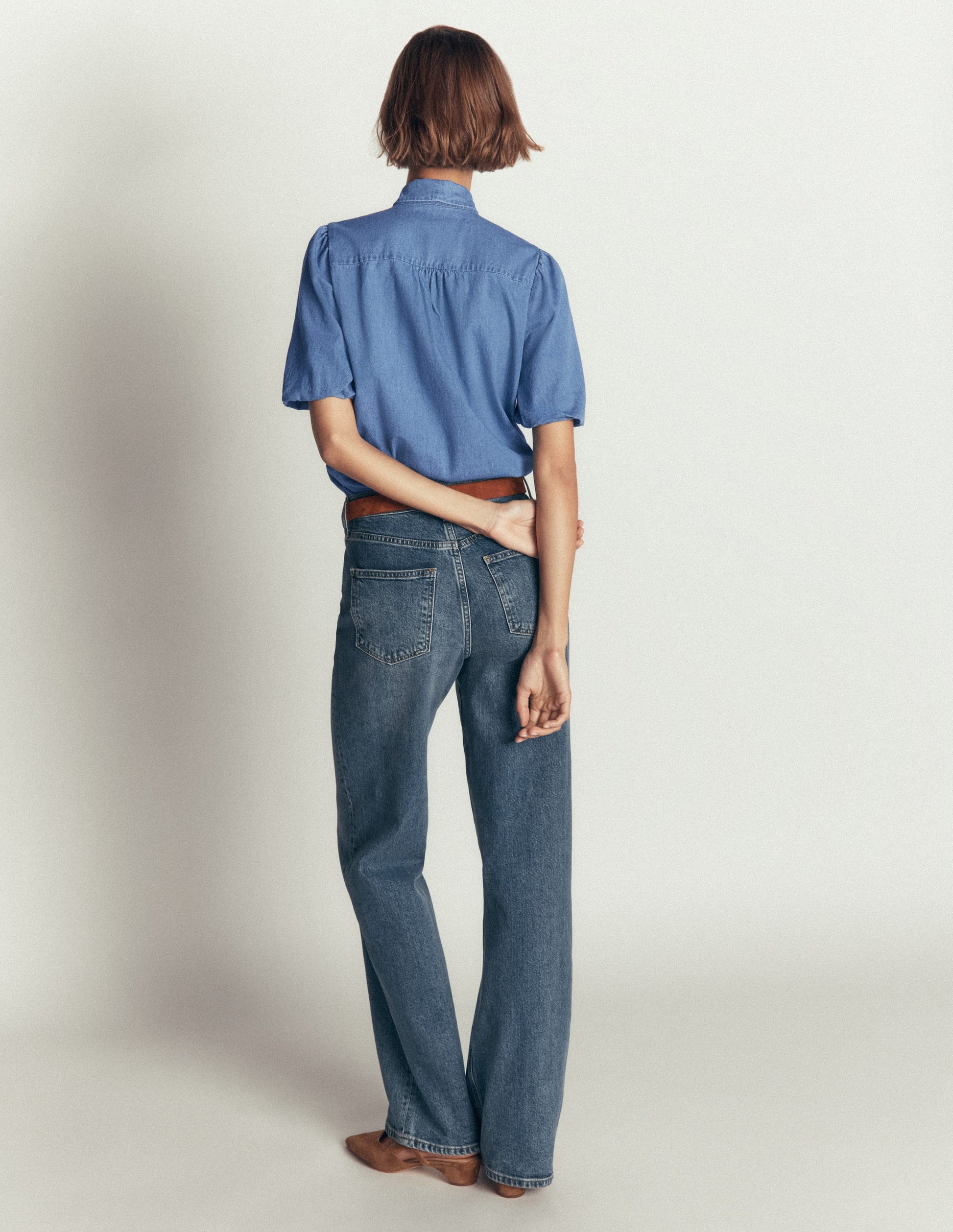 Tie Neck Denim Top-Light Vintage-2