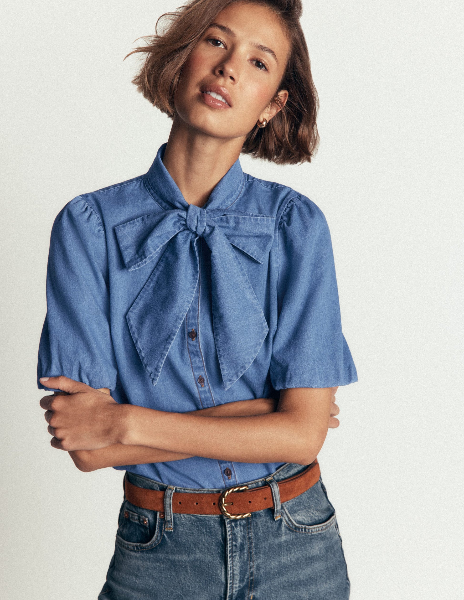 Tie Neck Denim Top-Light Vintage-1