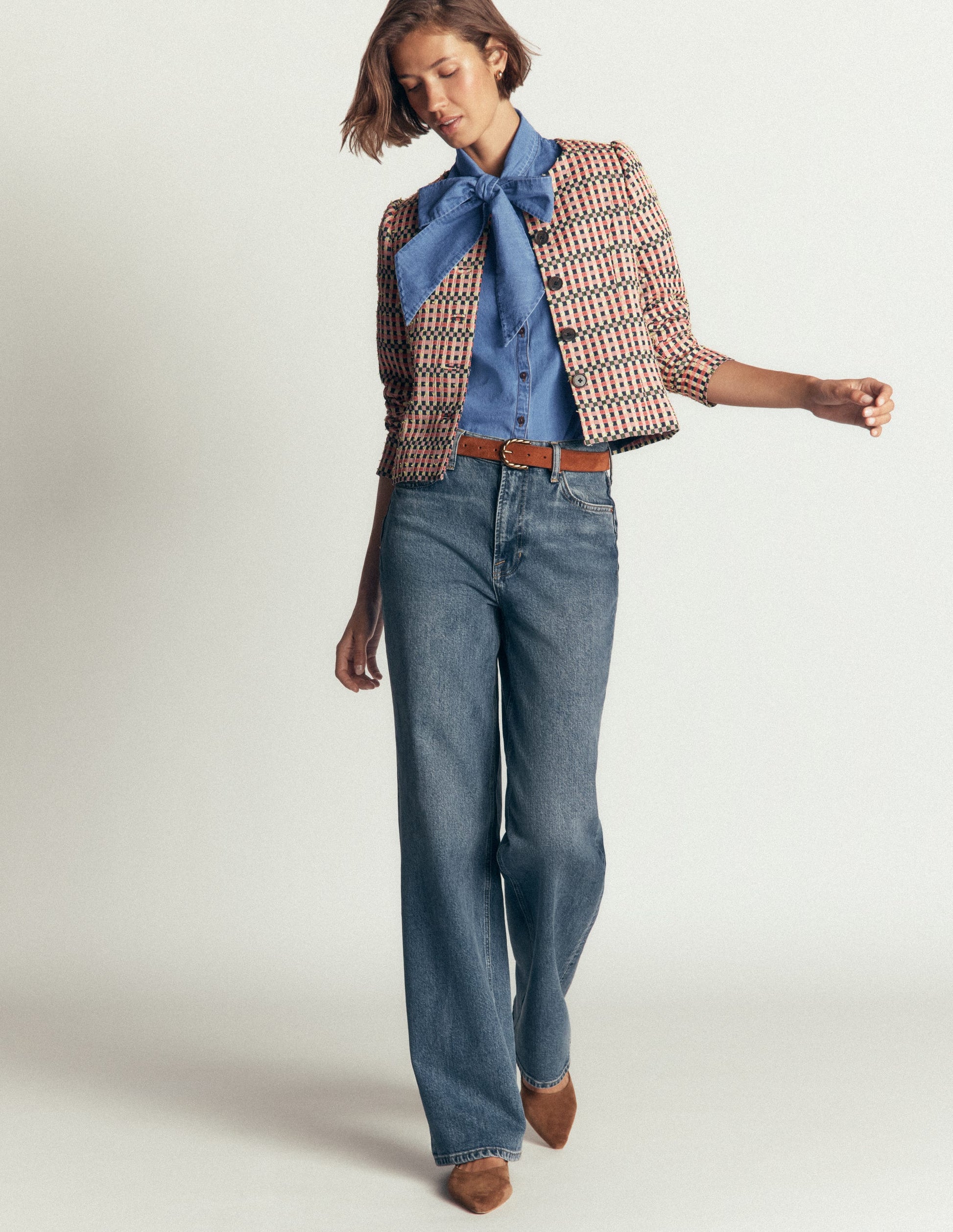 Tie Neck Denim Top-Light Vintage-5