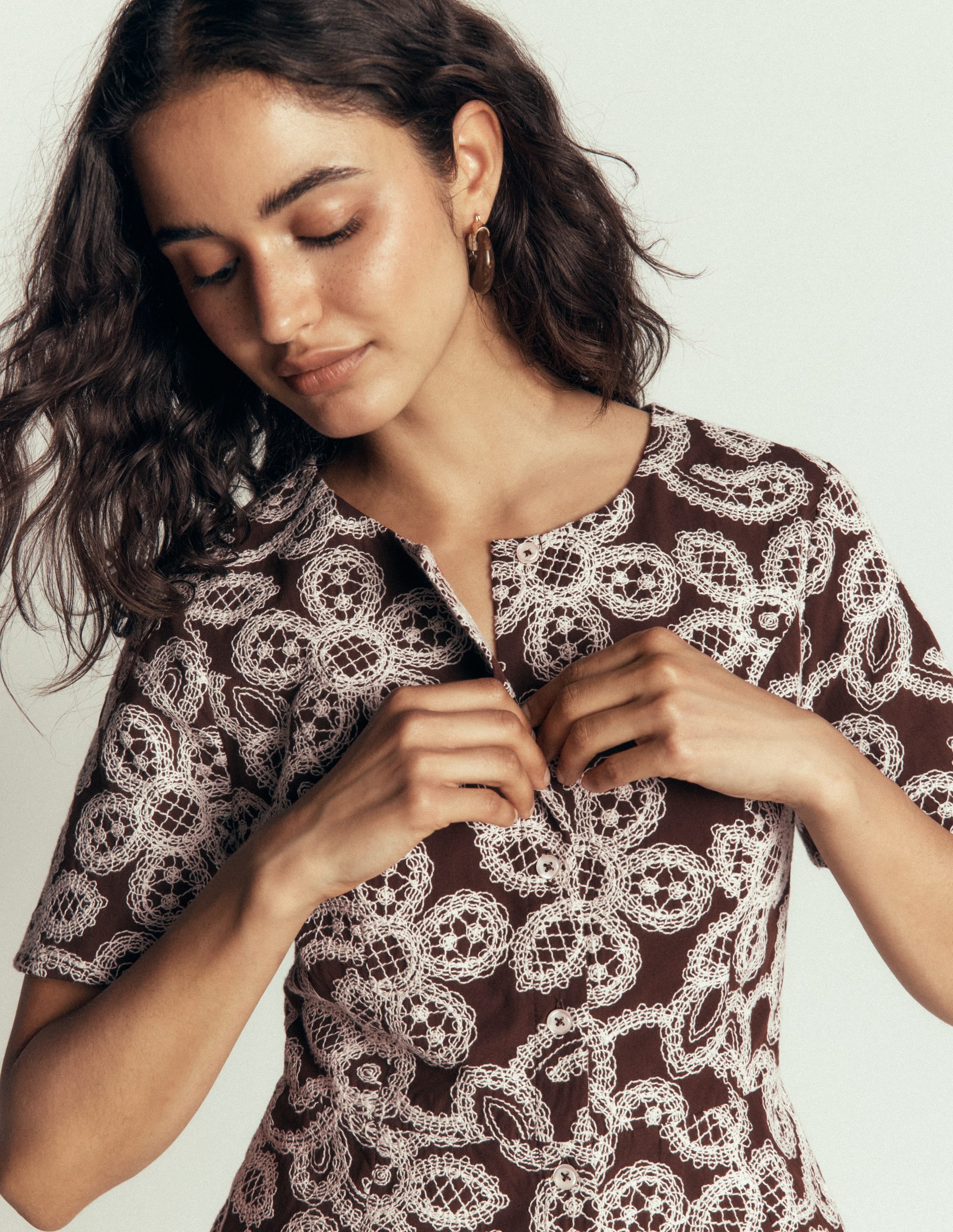 Embroidered Peplum Top-Bitter Chocolate - Image 2