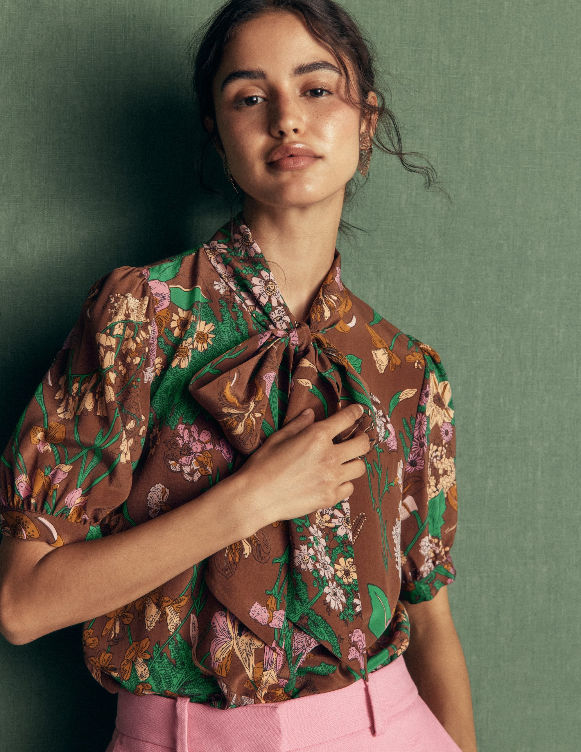 Tie Neck Silk Top-Woodland, Whimsical Flora - Image 1