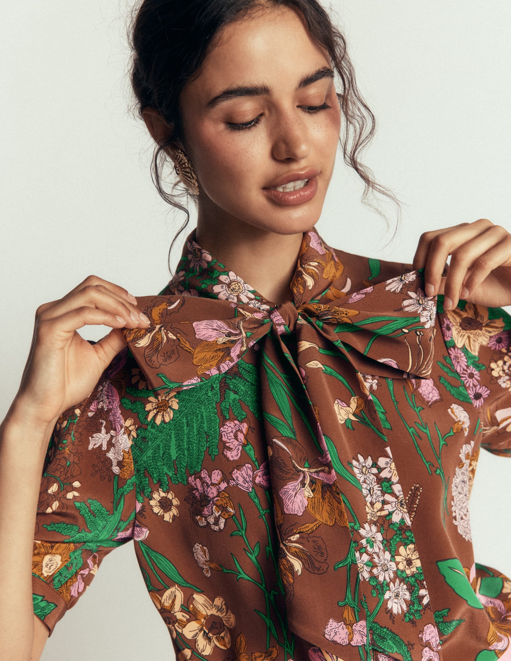 Tie Neck Silk Top-Woodland, Whimsical Flora - Image 2