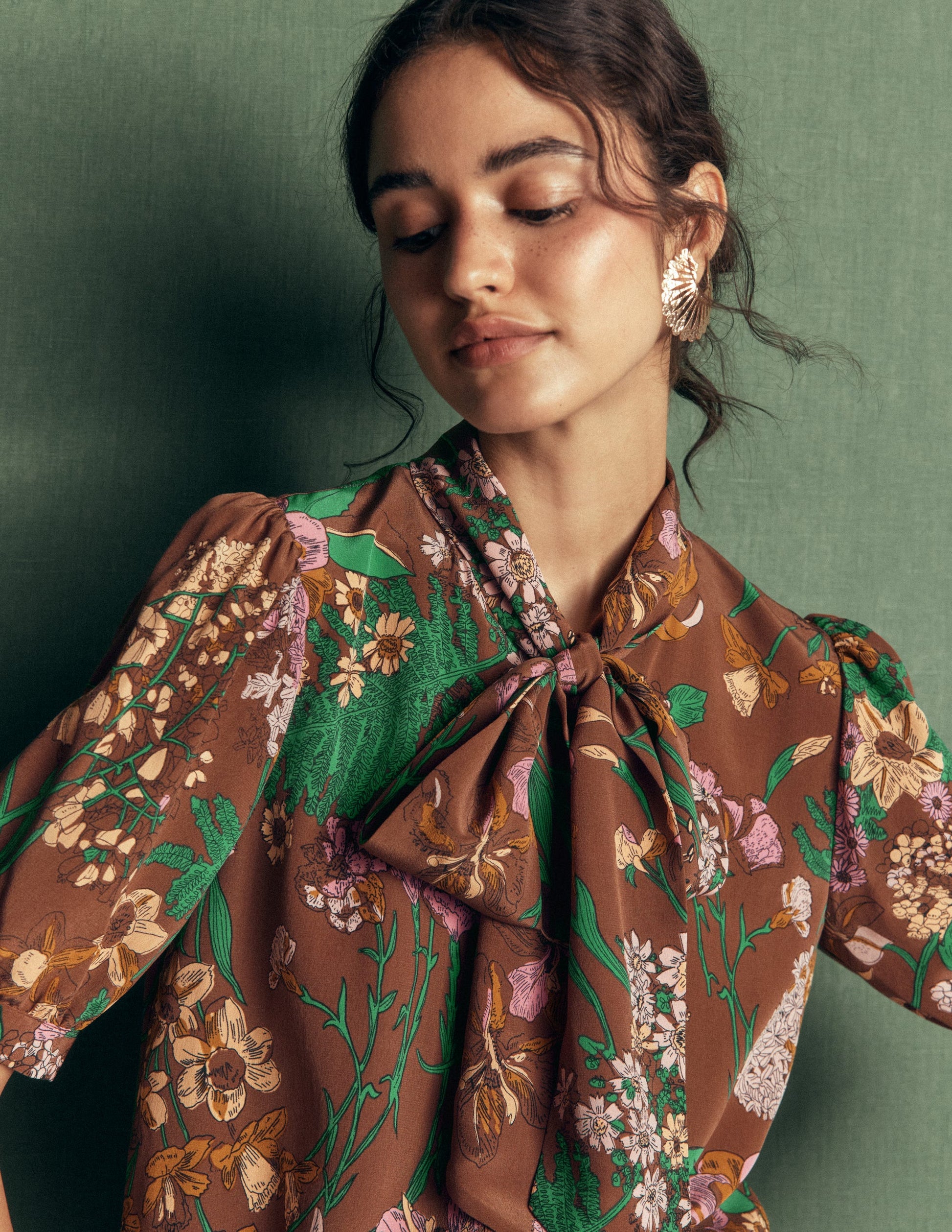 Tie Neck Silk Top-Woodland, Whimsical Flora-5