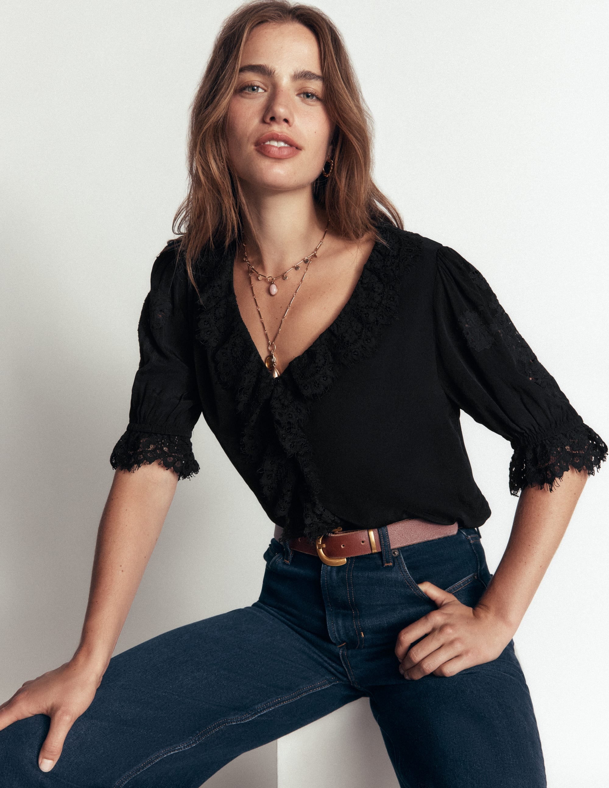 Ruffle V-neck Lace Top-Black - Image 5